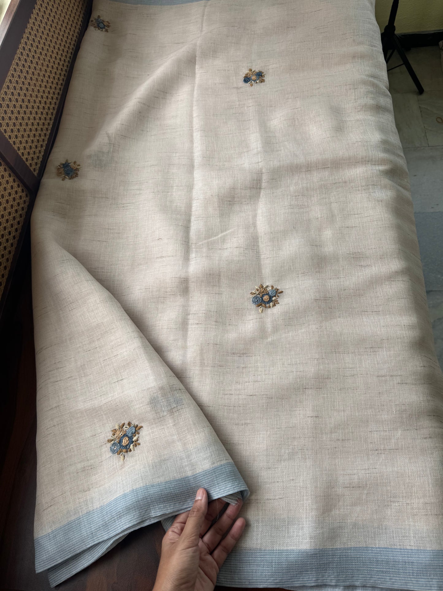 Hand Embroidered Linen Sarees with heavy blouse - Halfwhite & Blue