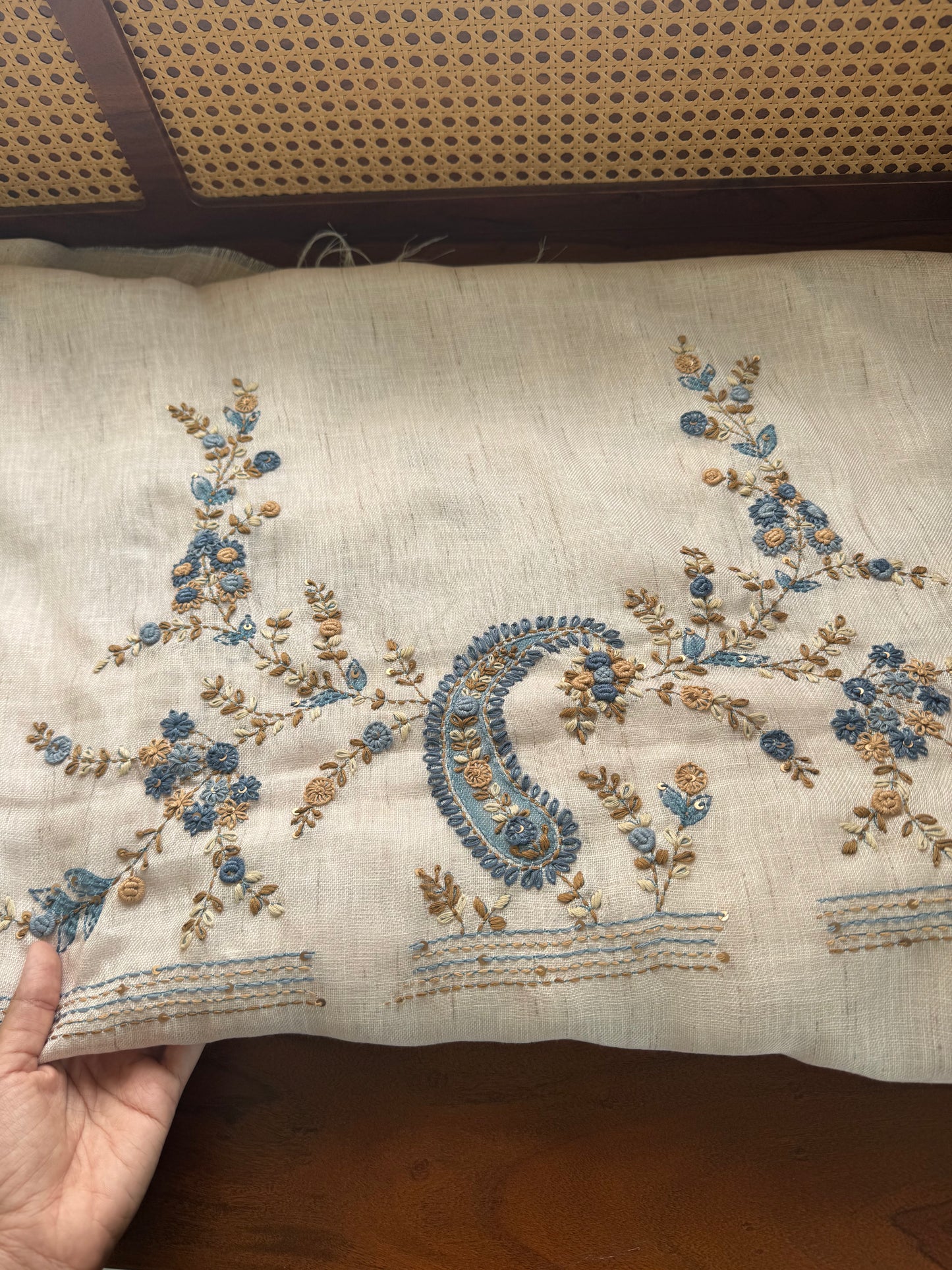 Hand Embroidered Linen Sarees with heavy blouse - Halfwhite & Blue