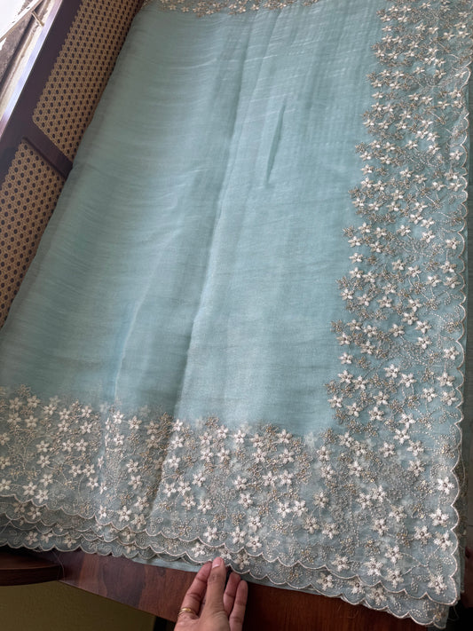 Delicate Tissue Organza Saree - Pastel Blue