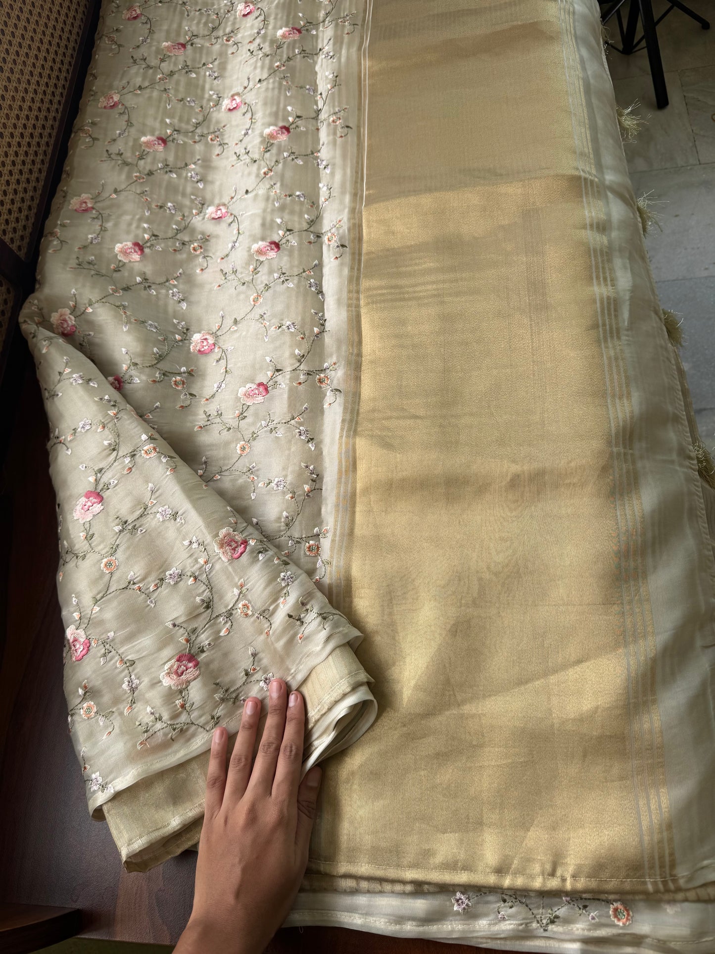 Tissue Organza Embroidery Saree - Ivory & Golden
