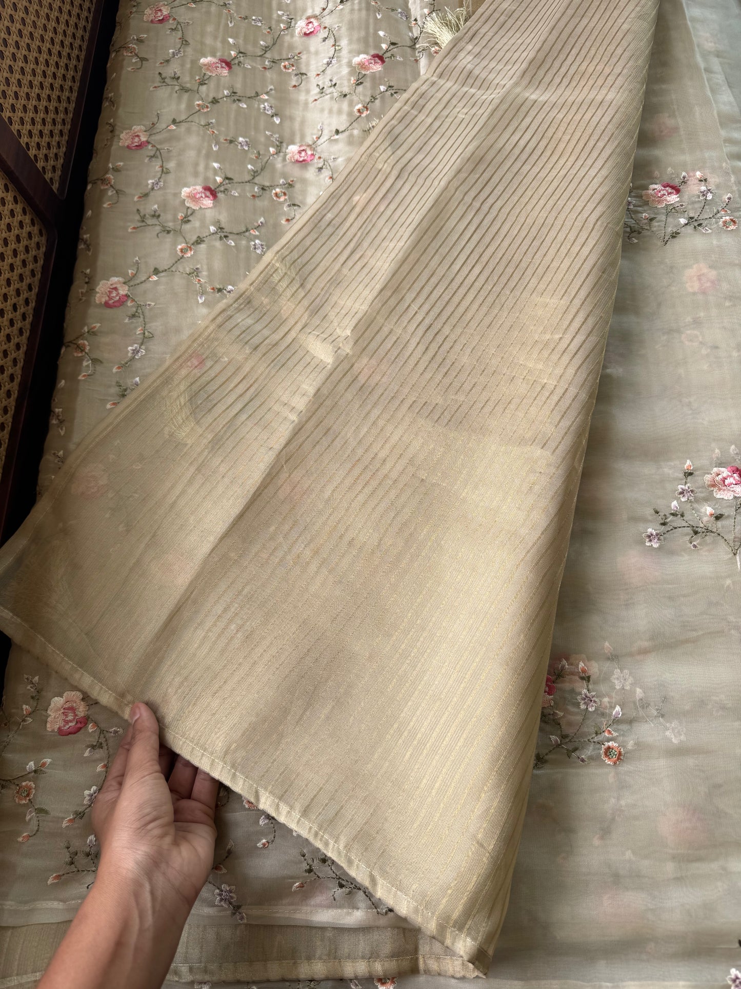 Tissue Organza Embroidery Saree - Ivory & Golden
