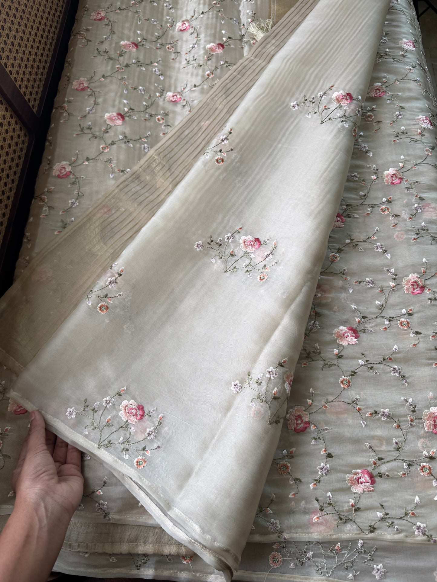 Tissue Organza Embroidery Saree - Ivory & Golden