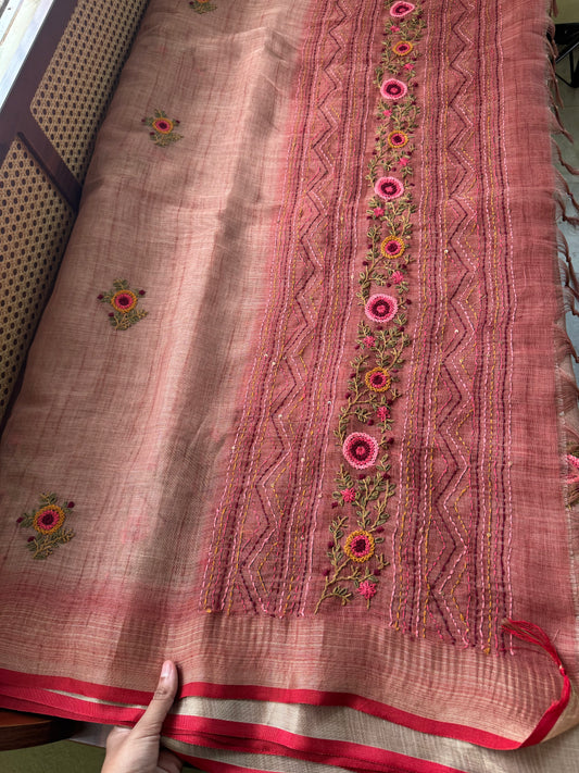 Premium Tissue Linen Sarees with heavy blouse - Peach