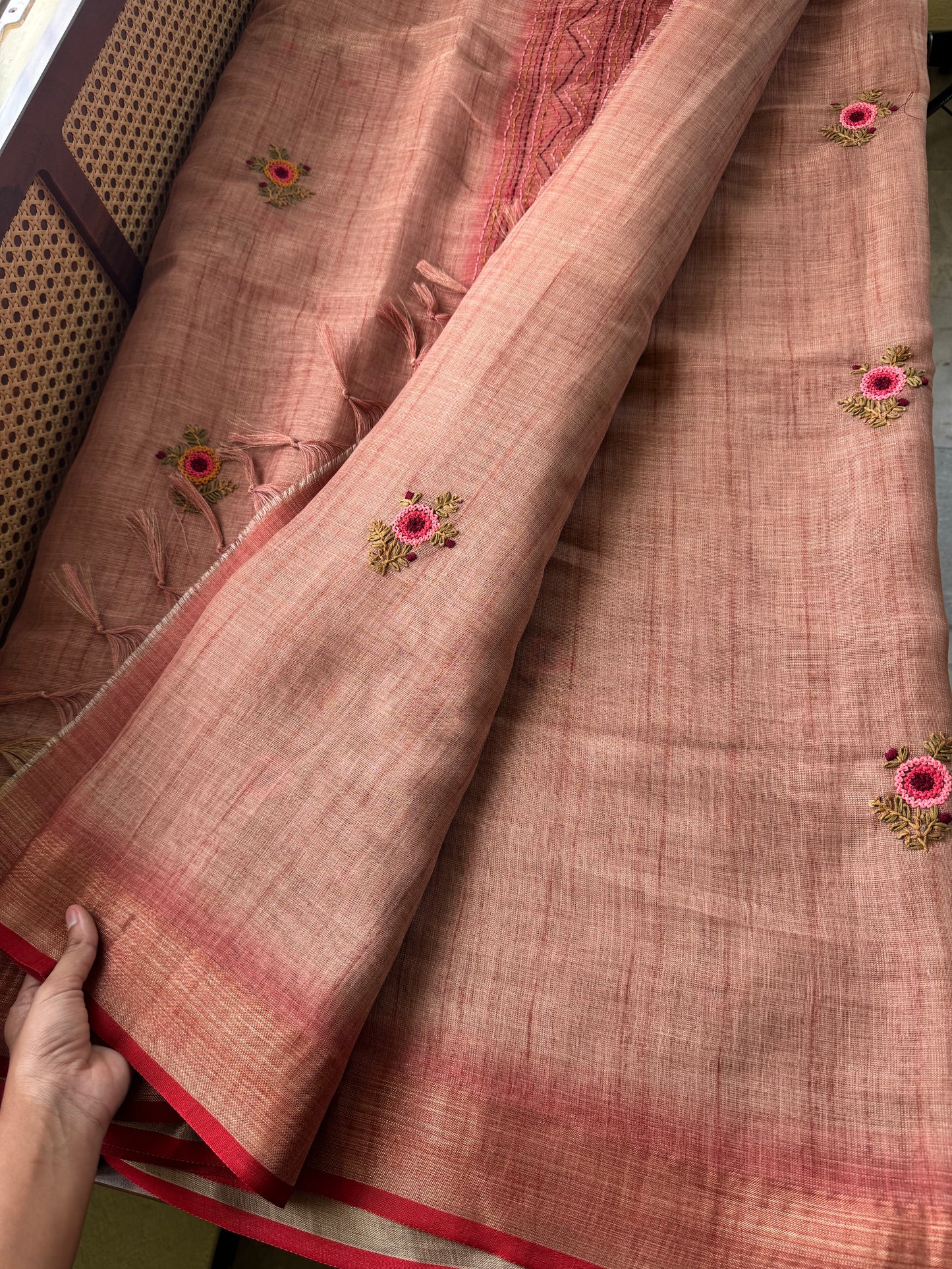 Premium Tissue Linen Sarees with heavy blouse - Peach