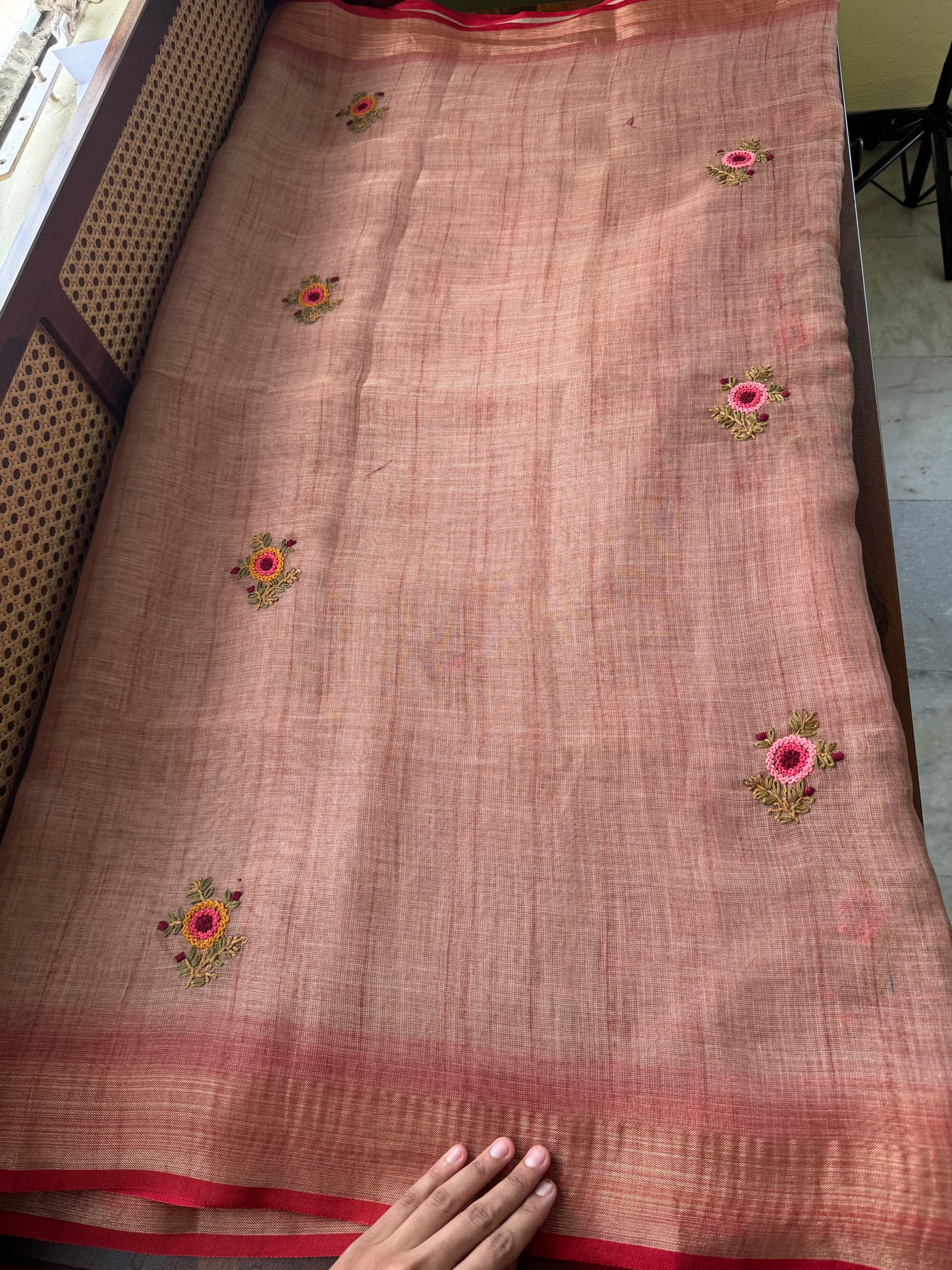Premium Tissue Linen Sarees with heavy blouse - Peach
