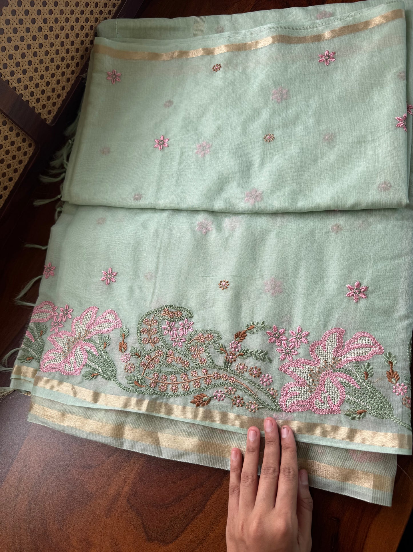 Embroidered Mul Chanderi saree- Pastel Green