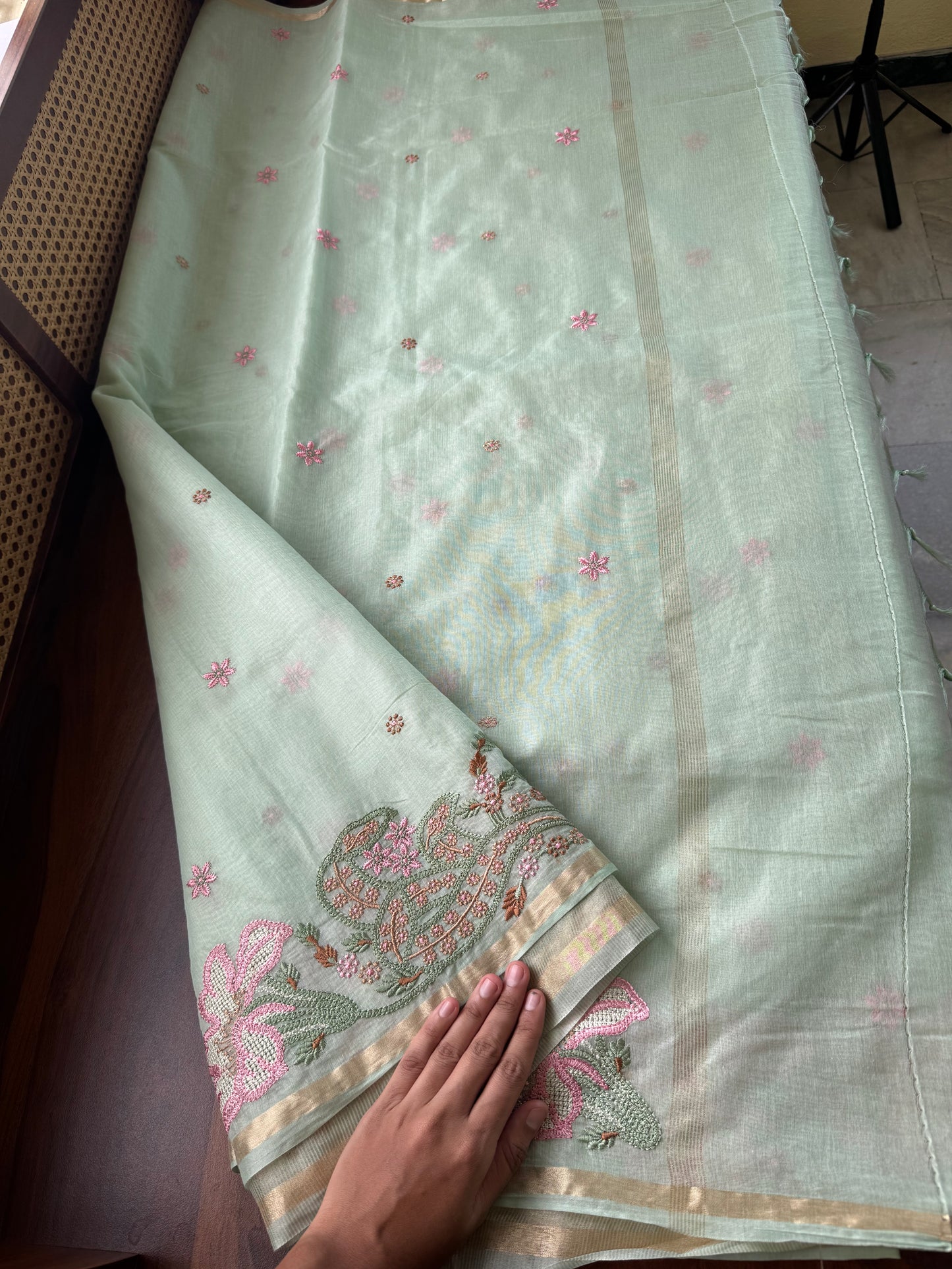 Embroidered Mul Chanderi saree- Pastel Green