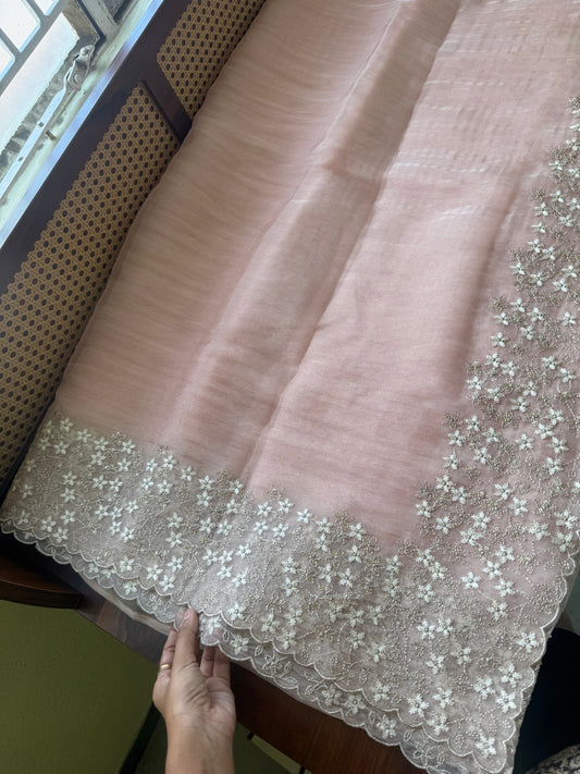 Delicate Tissue Organza Saree - Pastel Peach