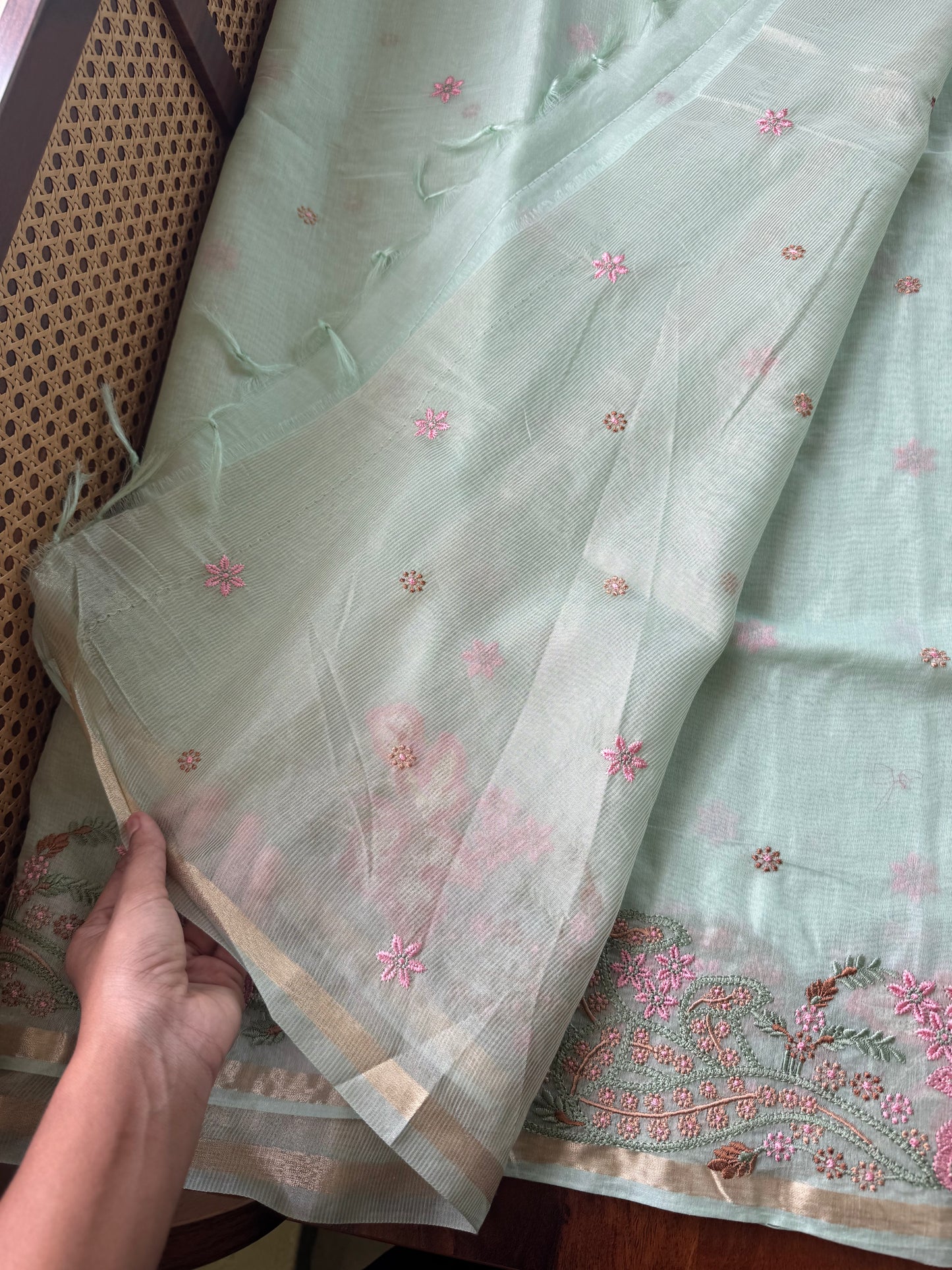Embroidered Mul Chanderi saree- Pastel Green