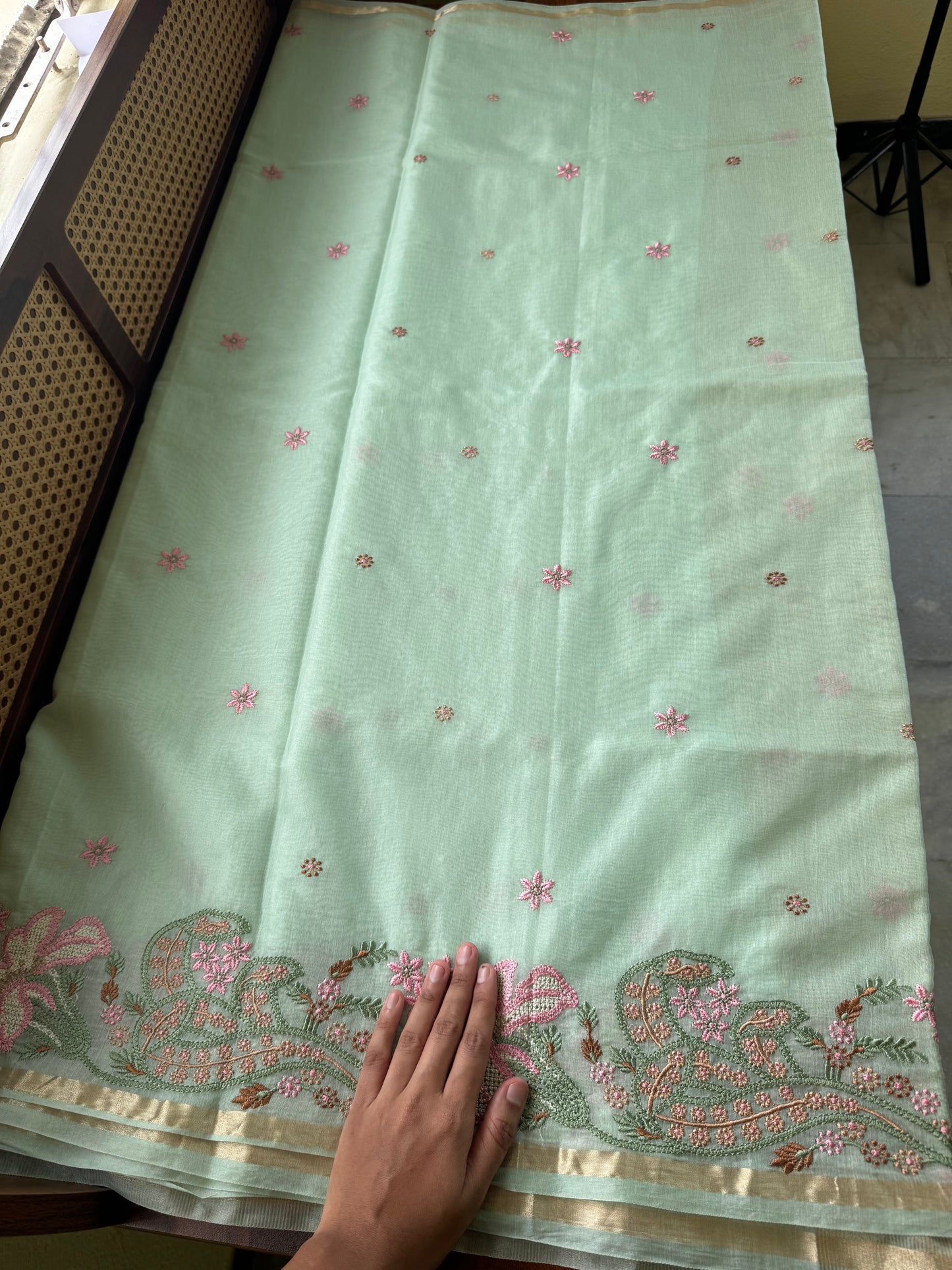 Embroidered Mul Chanderi saree- Pastel Green