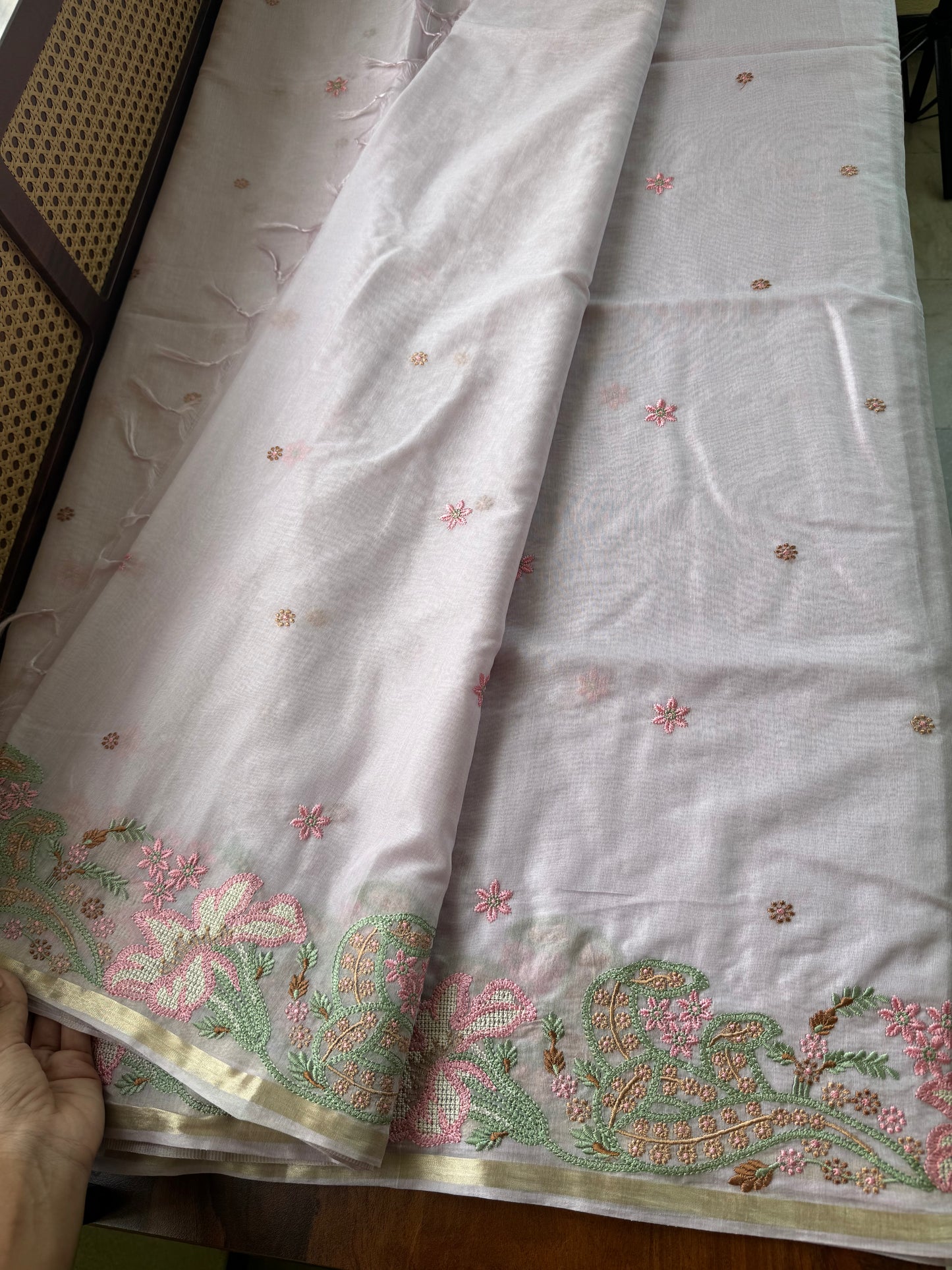 Embroidered Mul Chanderi saree- Pastel Lilac