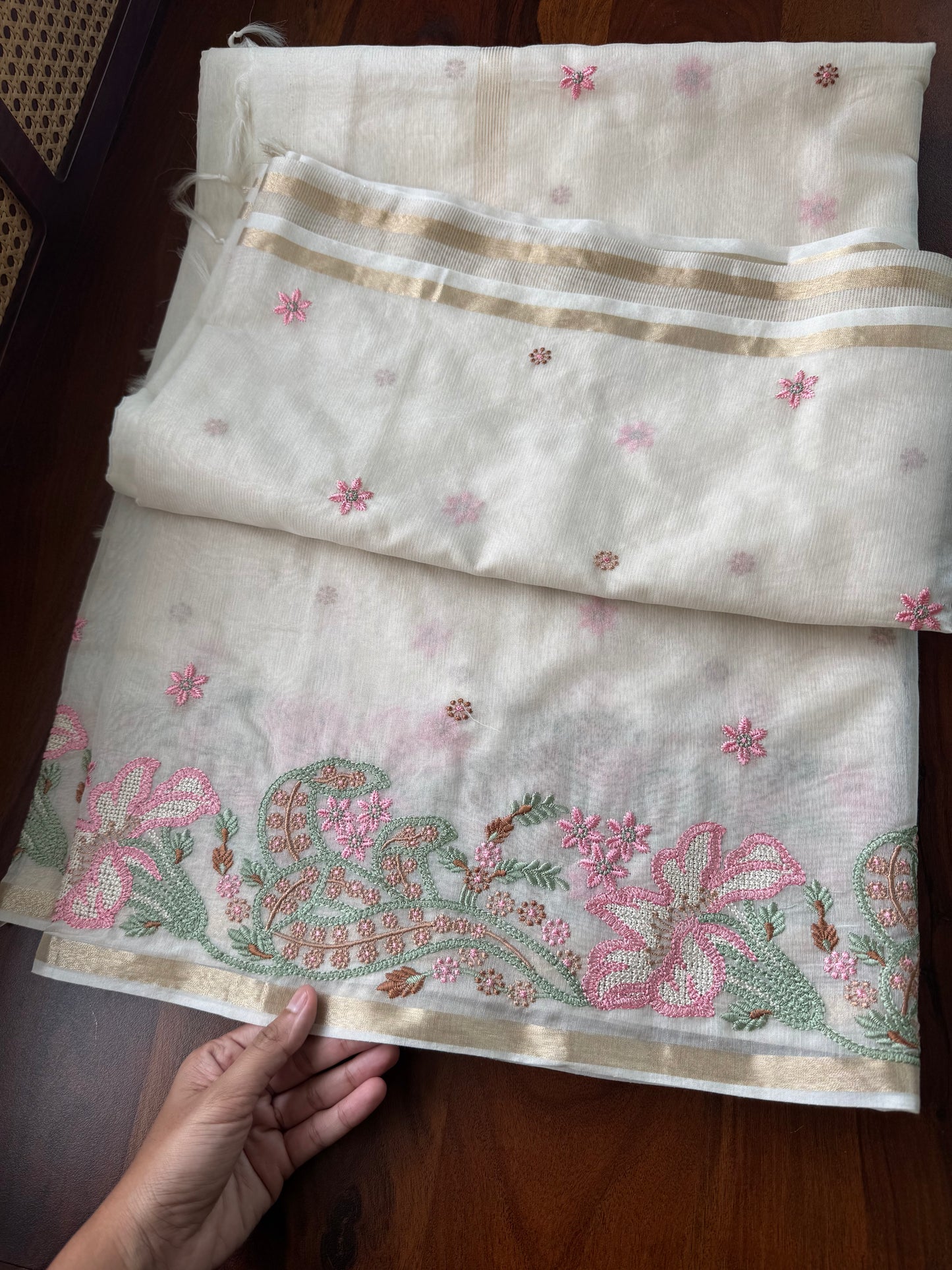 Embroidered Mul Chanderi saree- Cream
