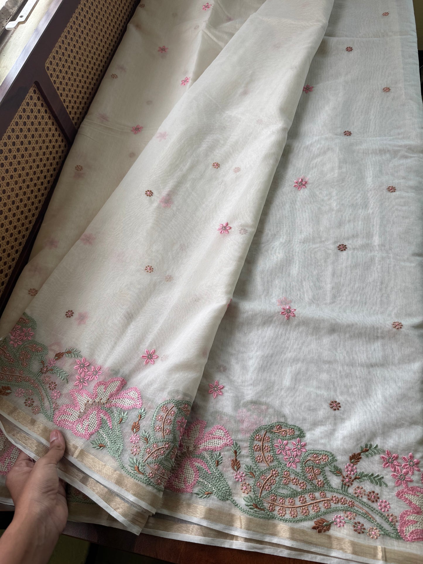 Embroidered Mul Chanderi saree- Cream