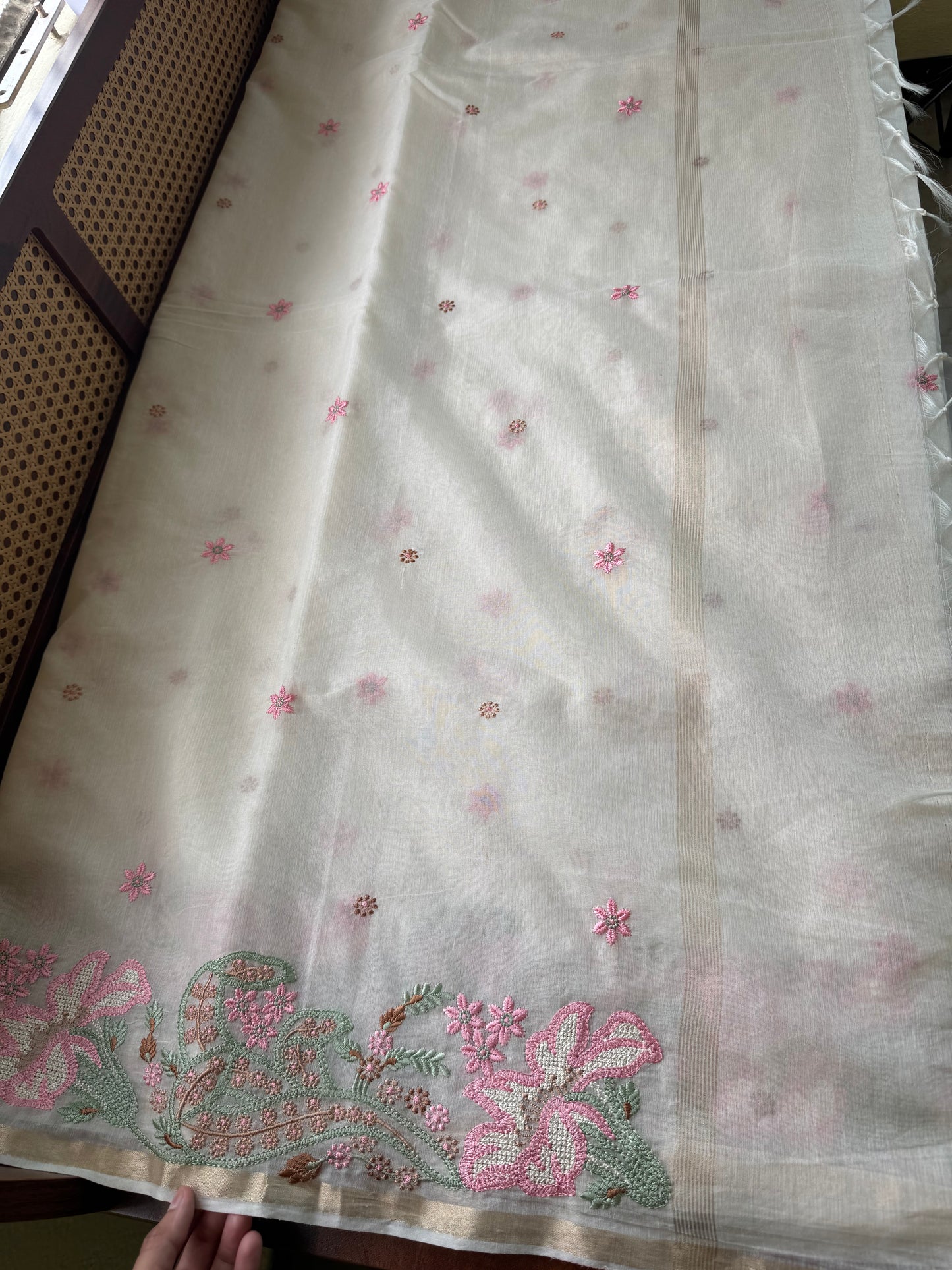 Embroidered Mul Chanderi saree- Cream