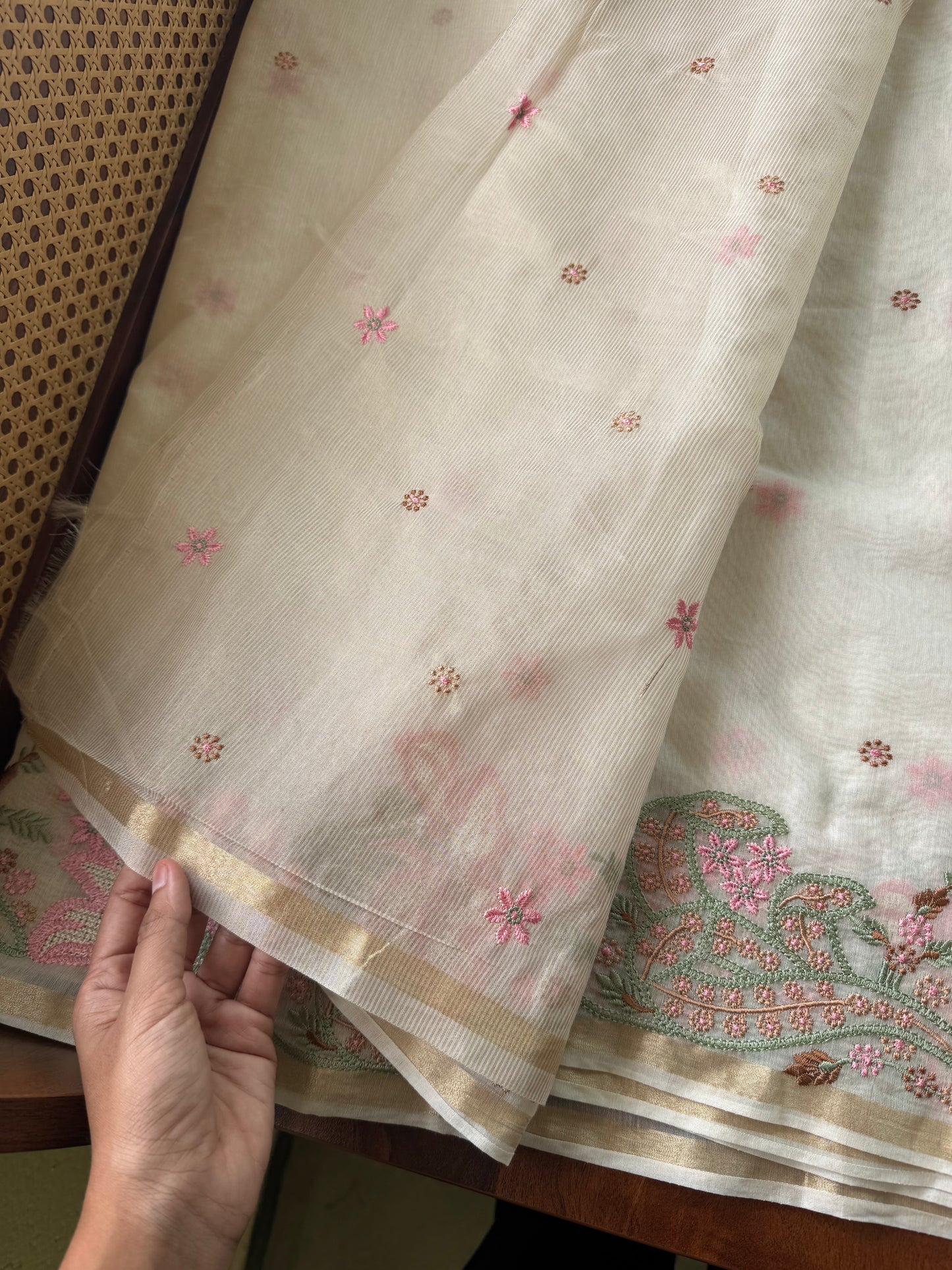 Embroidered Mul Chanderi saree- Cream