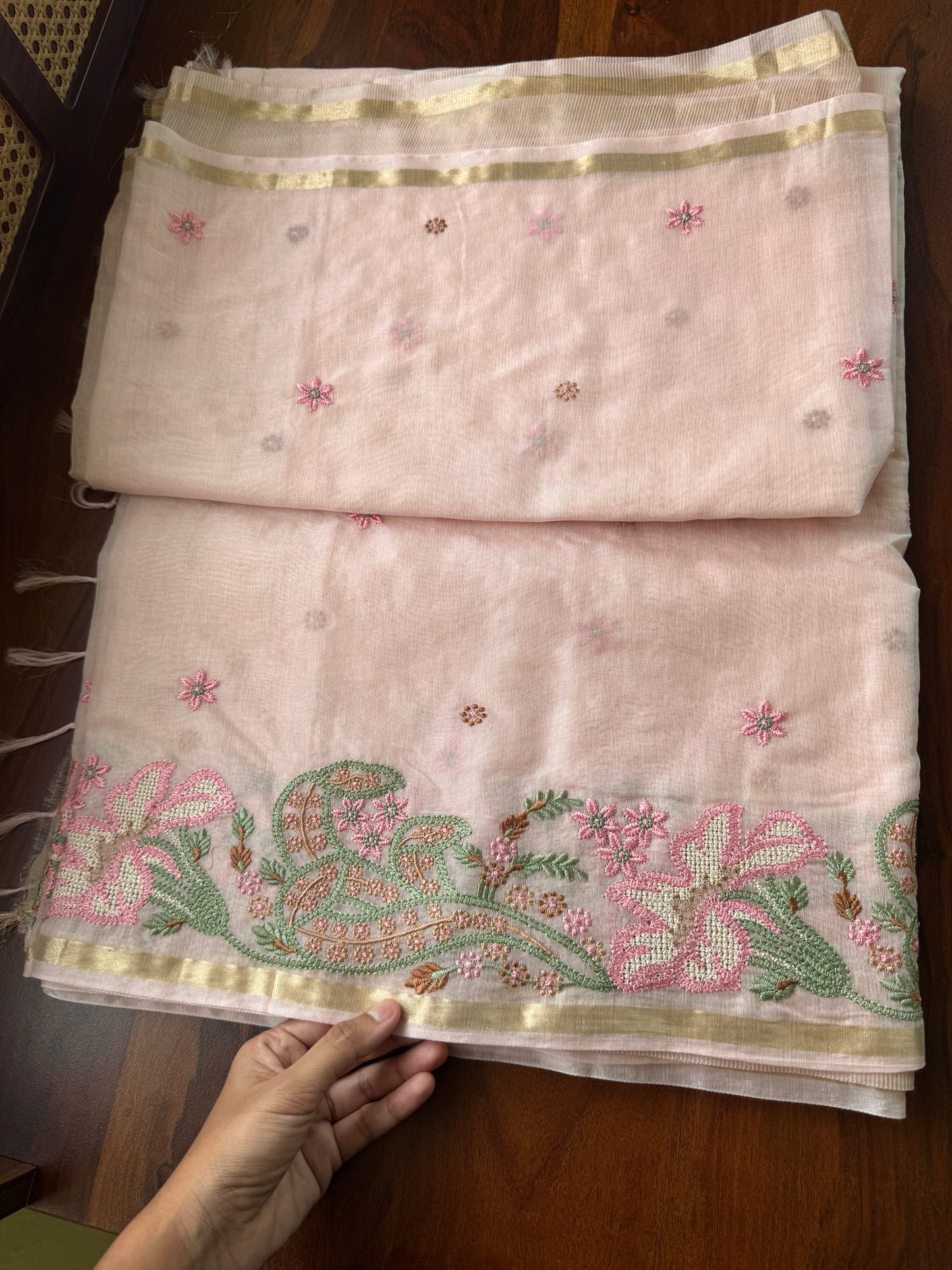 Embroidered Mul Chanderi saree- Pastel Peach