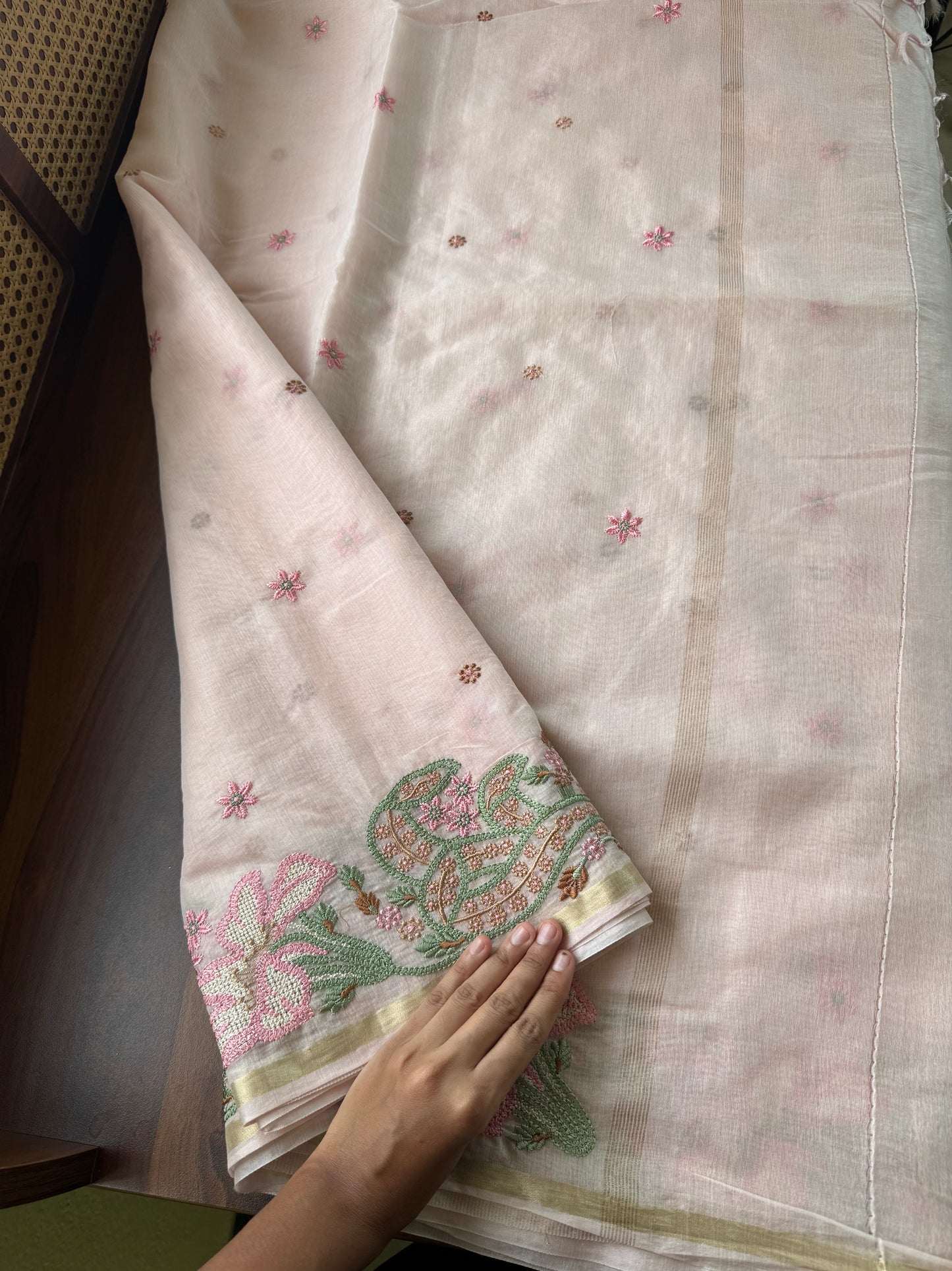 Embroidered Mul Chanderi saree- Pastel Peach