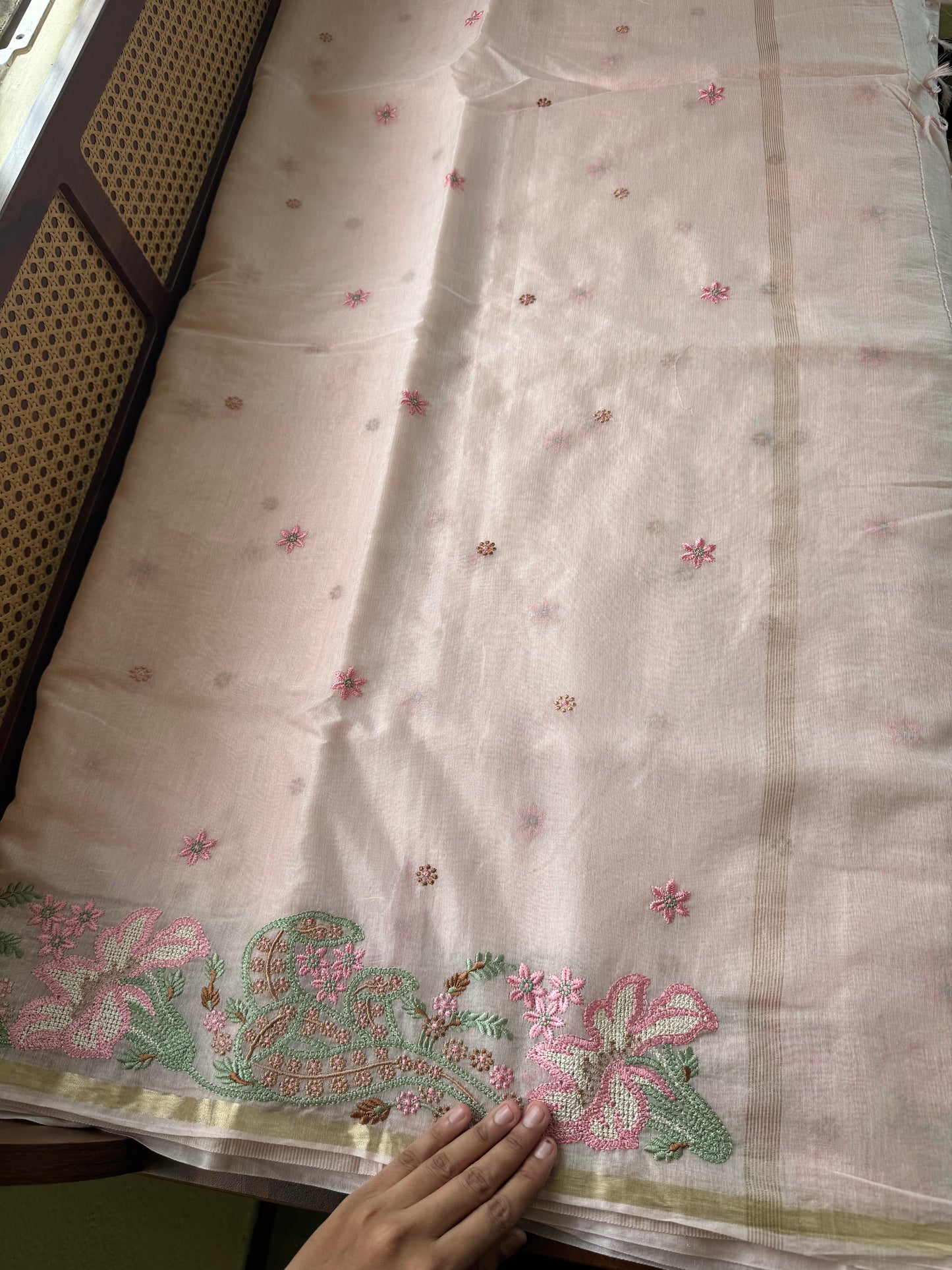 Embroidered Mul Chanderi saree- Pastel Peach