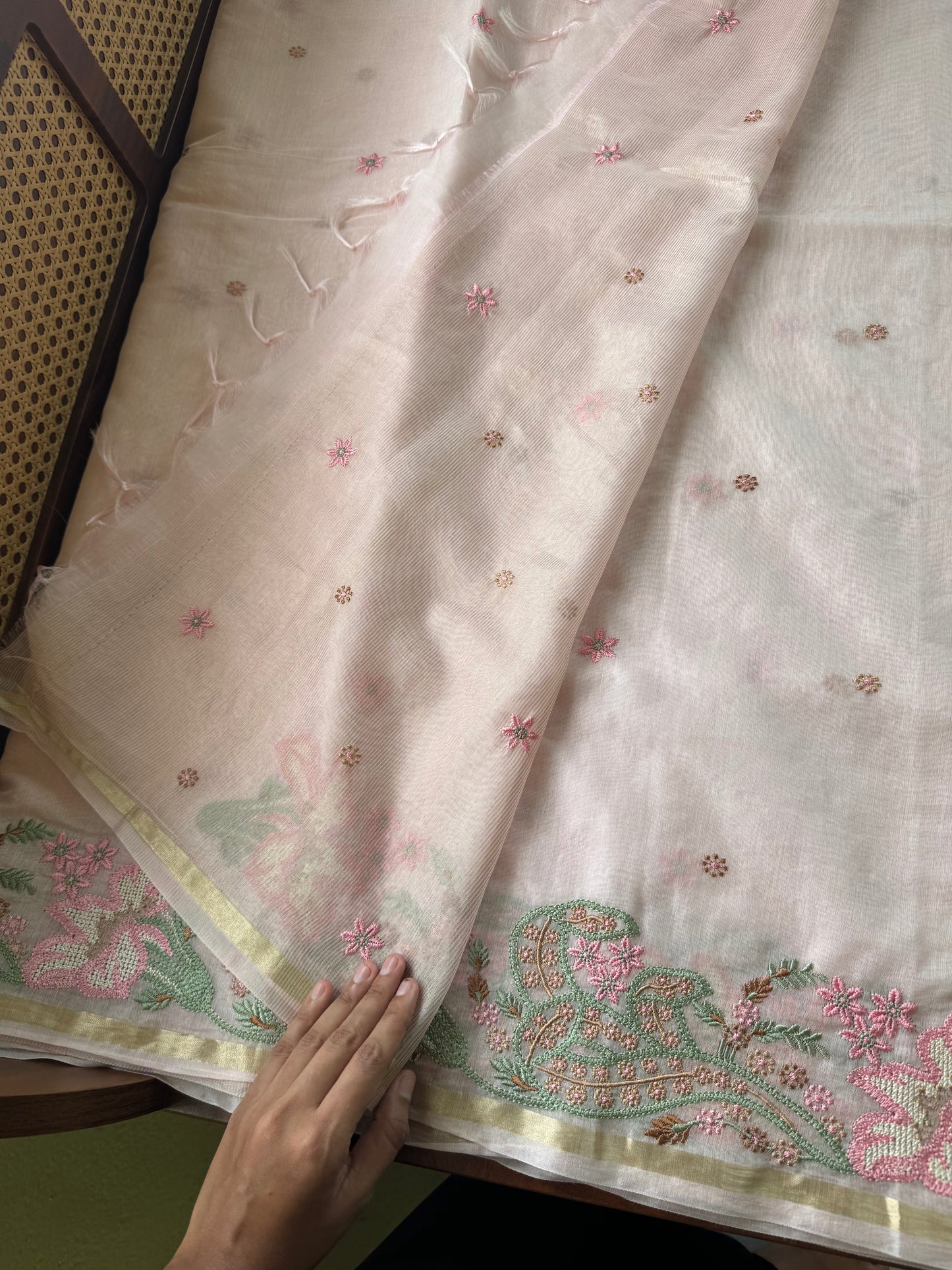Embroidered Mul Chanderi saree- Pastel Peach