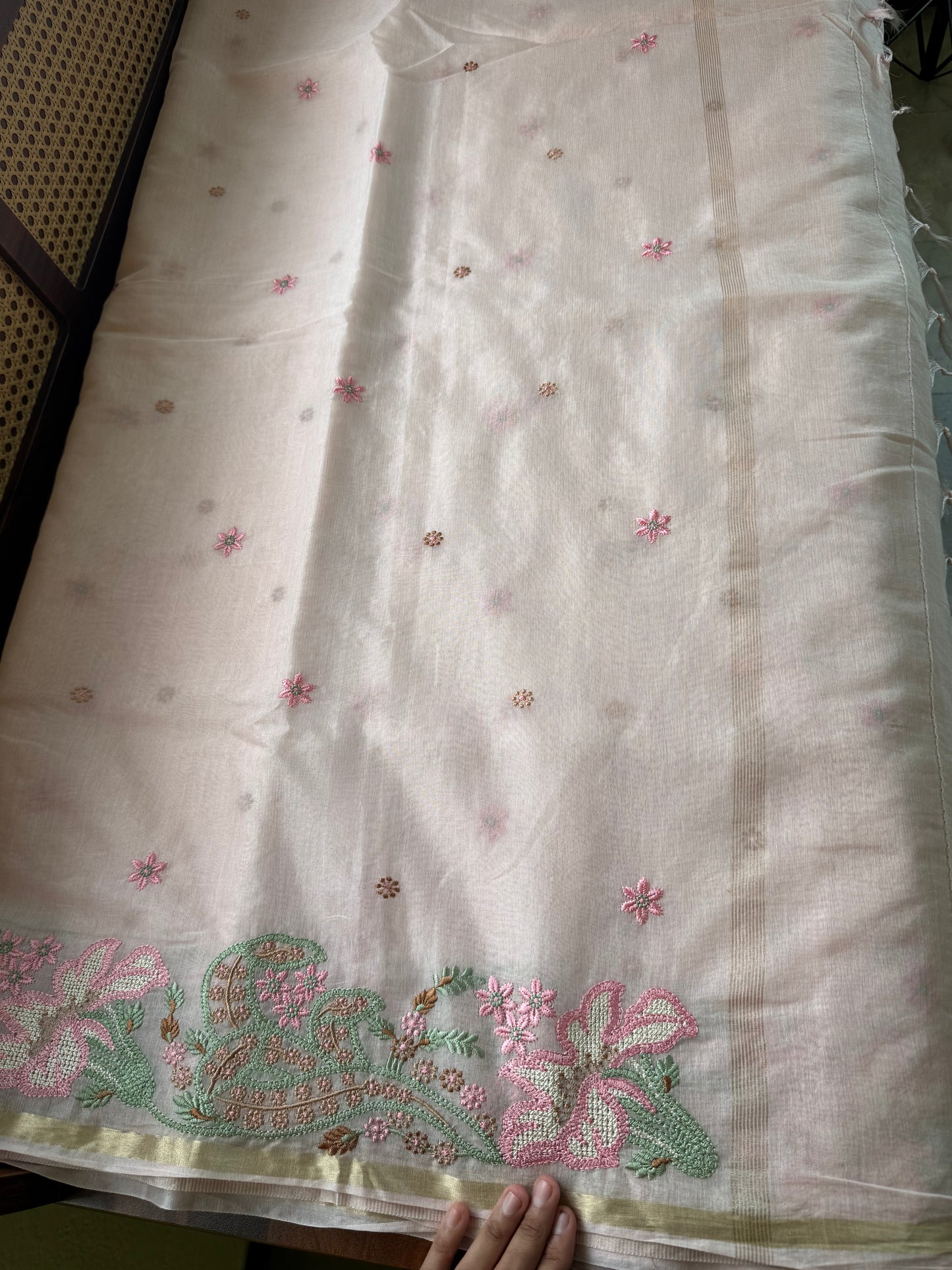 Embroidered Mul Chanderi saree- Pastel Peach