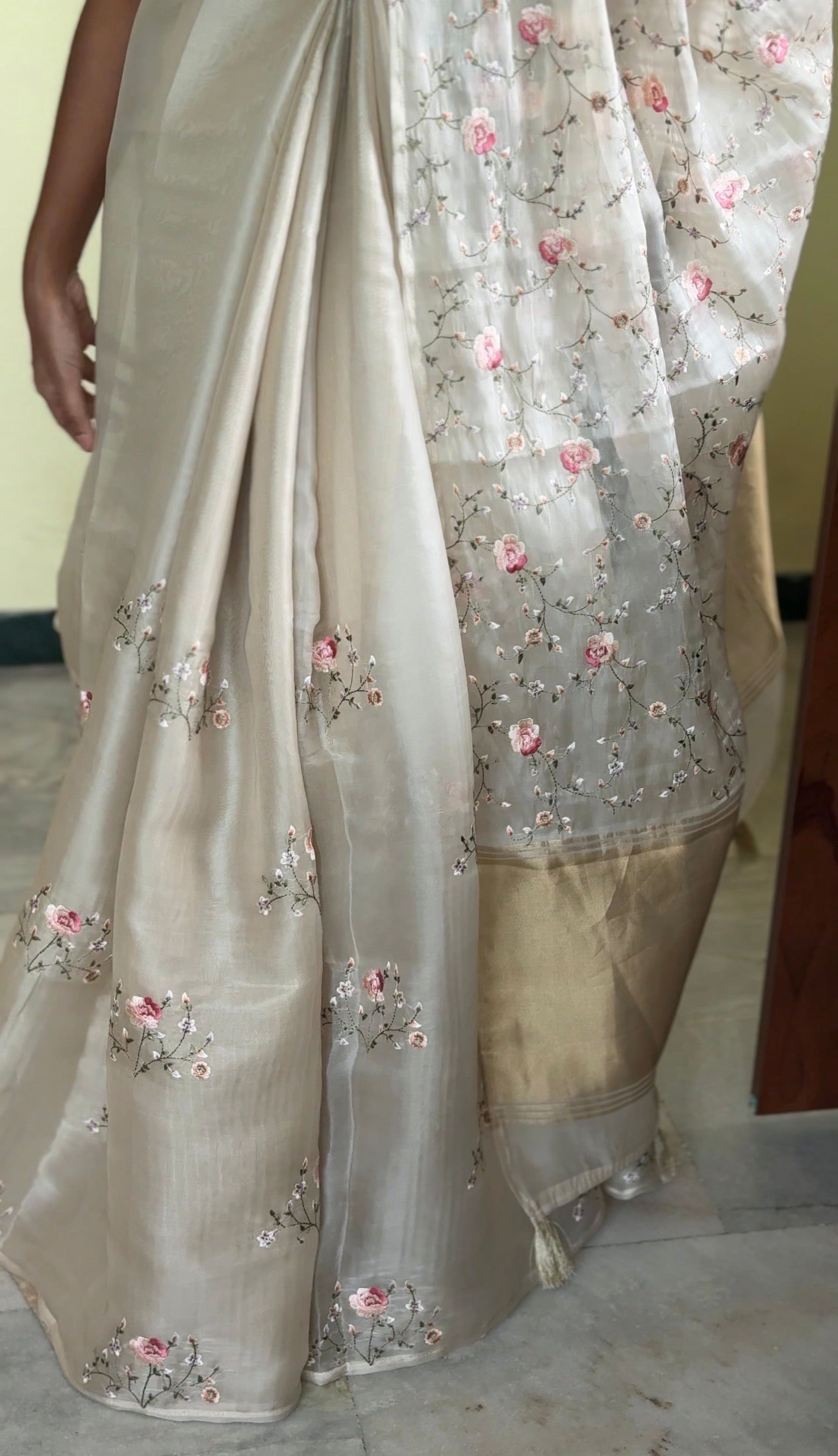 Tissue Organza Embroidery Saree - Ivory & Golden