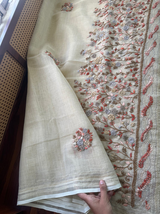 Premium Tissue Linen Sarees - Beige & Orange