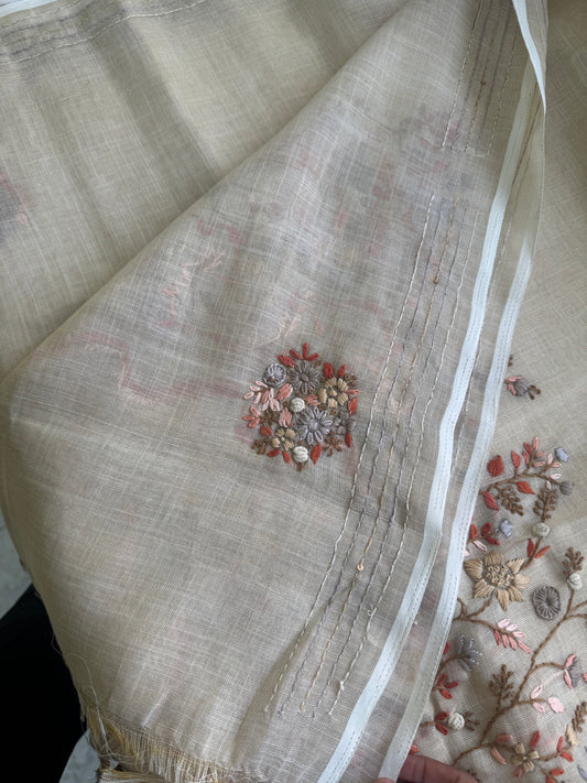 Premium Tissue Linen Sarees - Beige & Orange