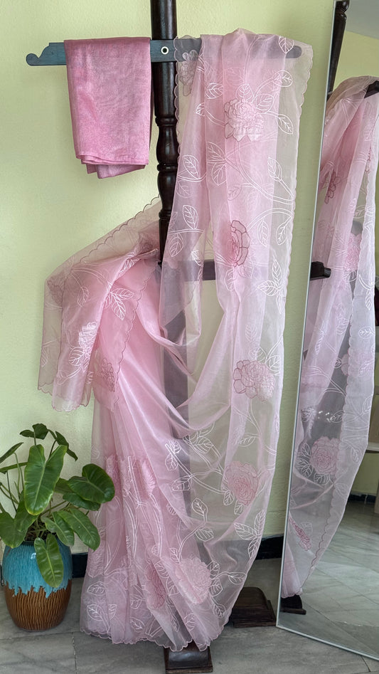 Organza Tissue Applique Sarees - Pink