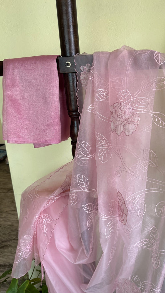 Organza Tissue Applique Sarees - Pink