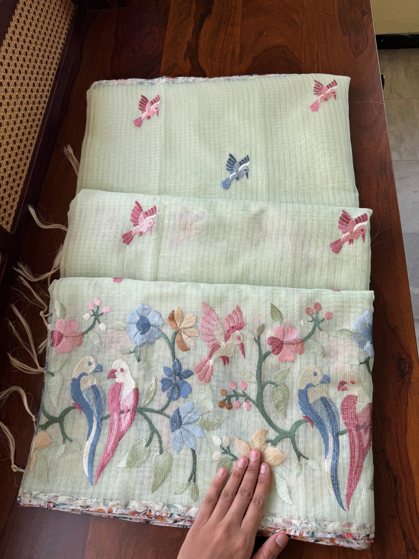 Embroidered Soft Kota Saree - Pastel Green