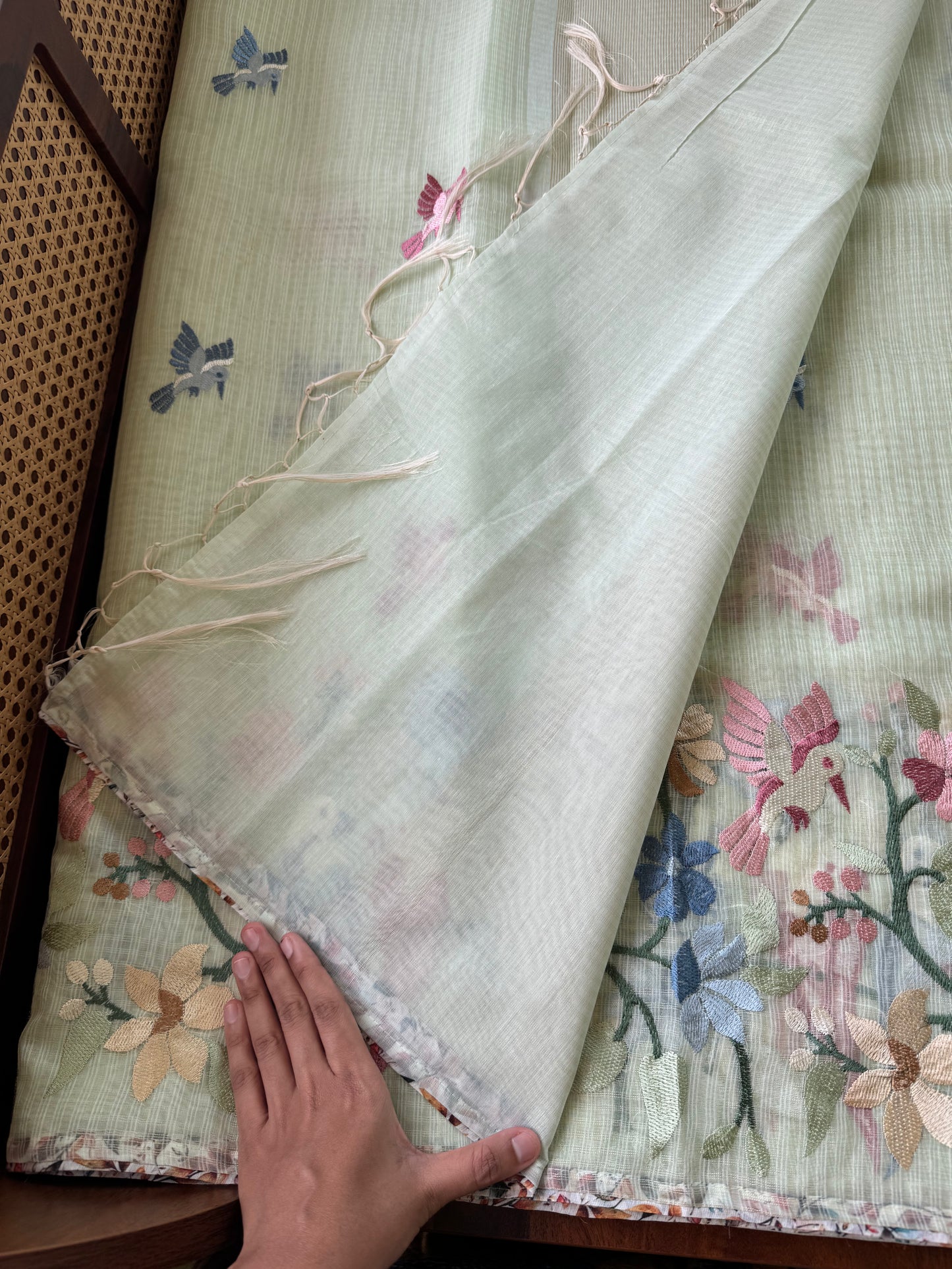 Embroidered Soft Kota Saree - Pastel Green