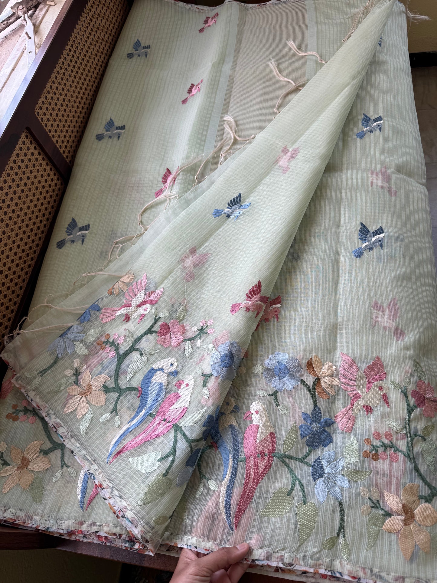 Embroidered Soft Kota Saree - Pastel Green
