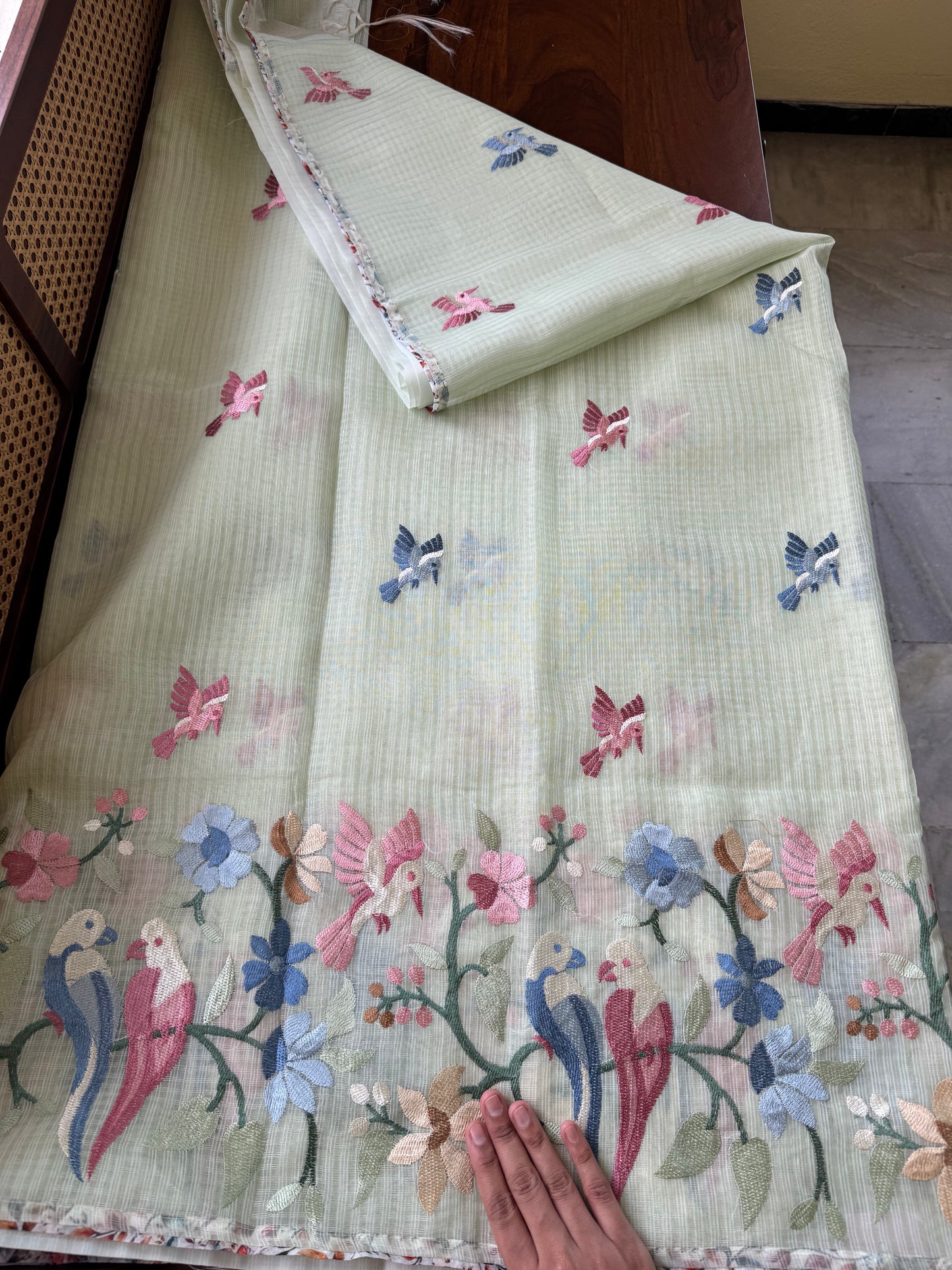 Embroidered Soft Kota Saree - Pastel Green