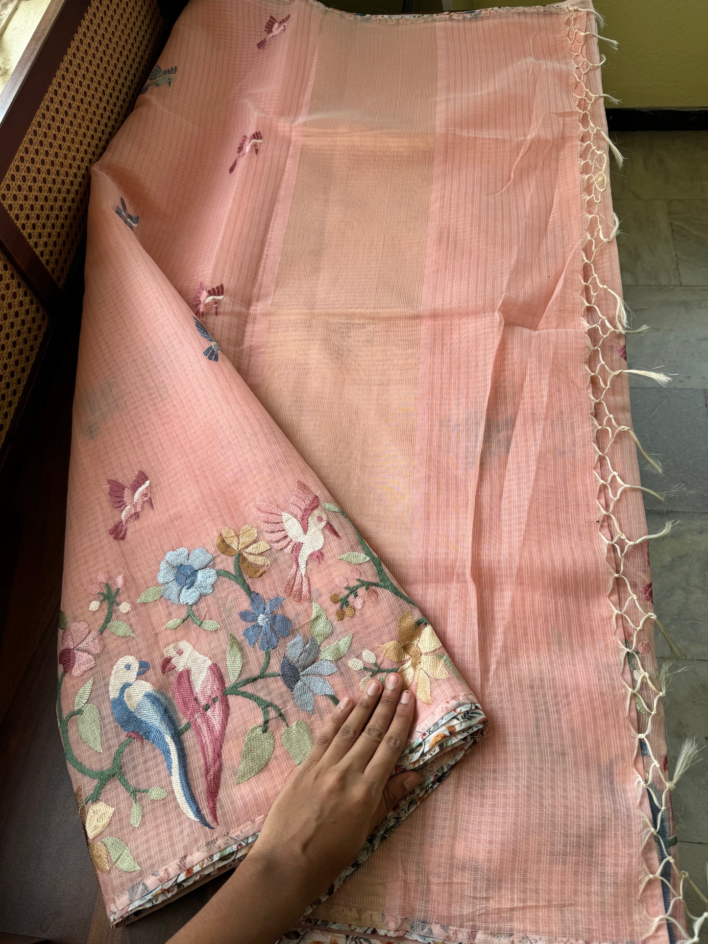 Embroidered Soft Kota Saree - Peach