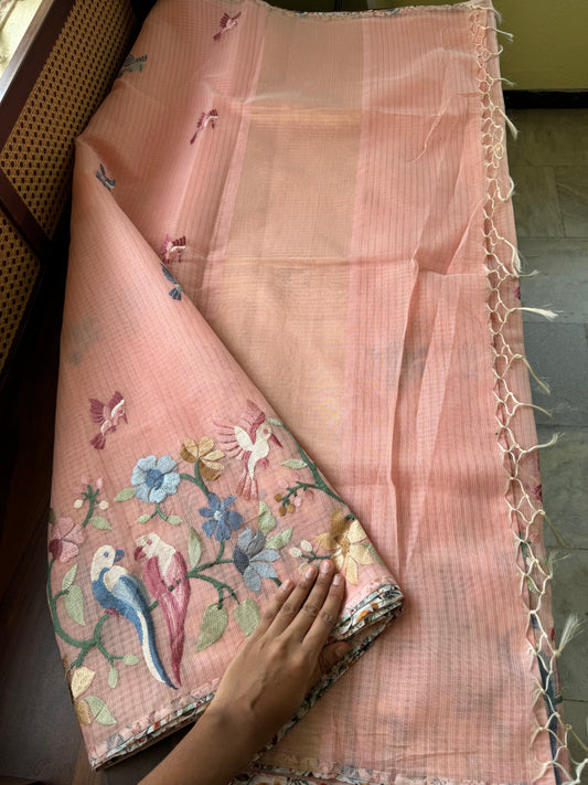 Embroidered Soft Kota Saree - Peach