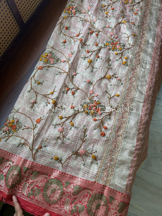 French knots Tissue Linen - Beige & Red