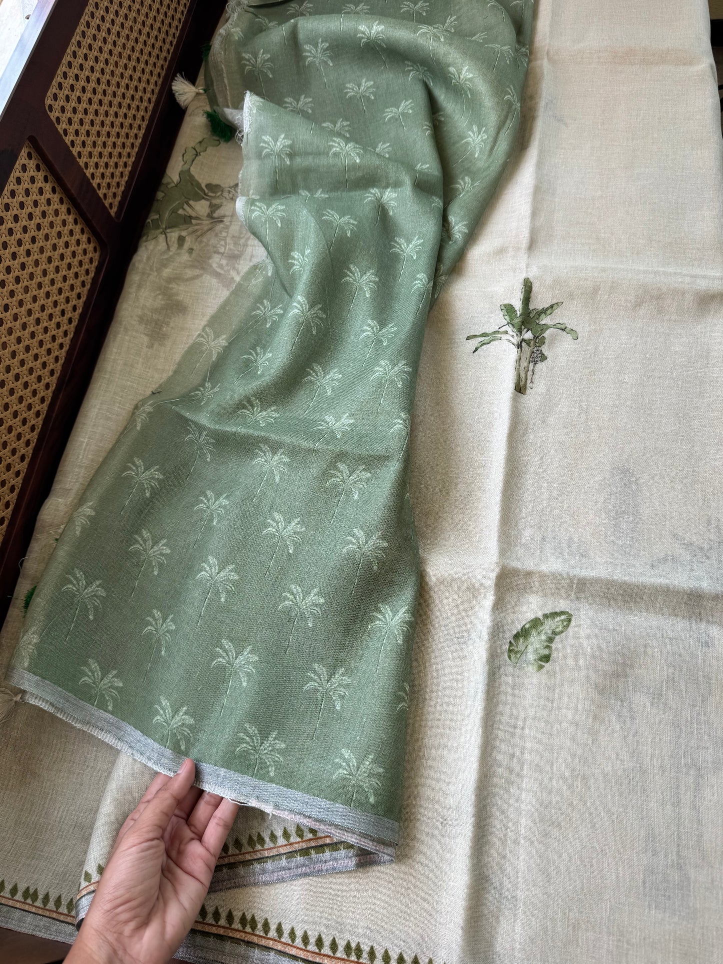 Pure Linen Saree - Half white