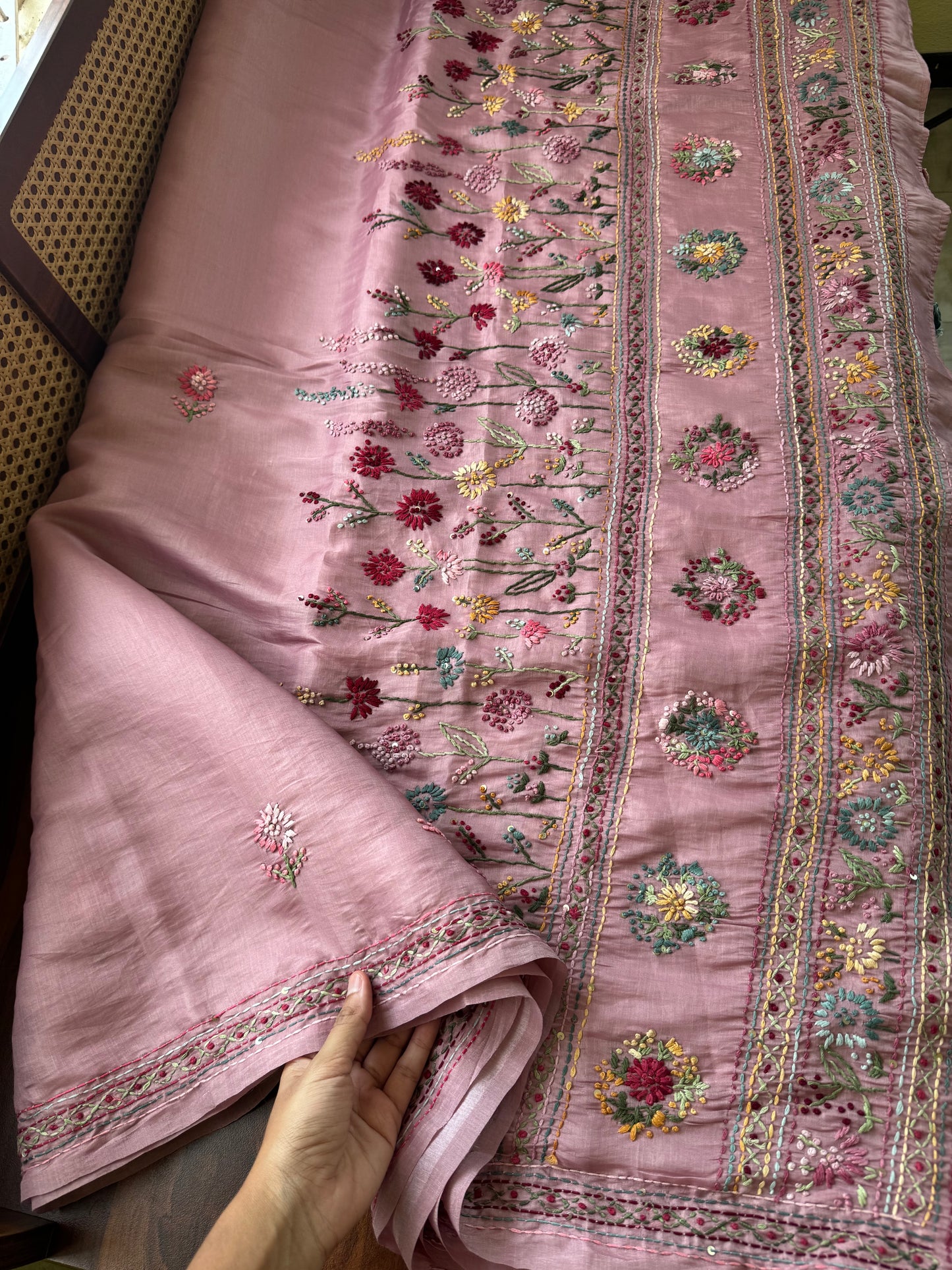 Hand Embroidered Tissue Organza Saree - Pink
