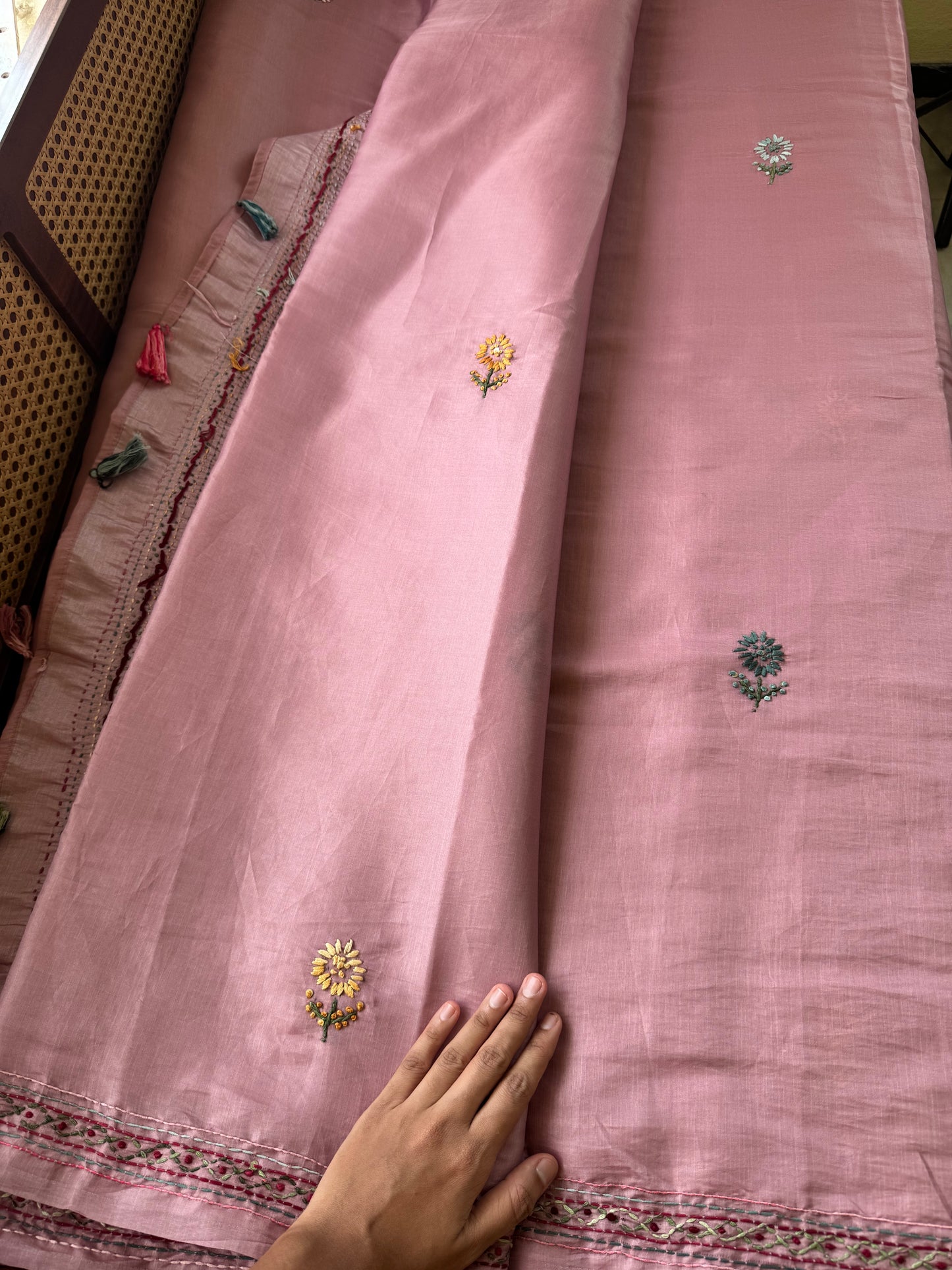 Hand Embroidered Tissue Organza Saree - Pink