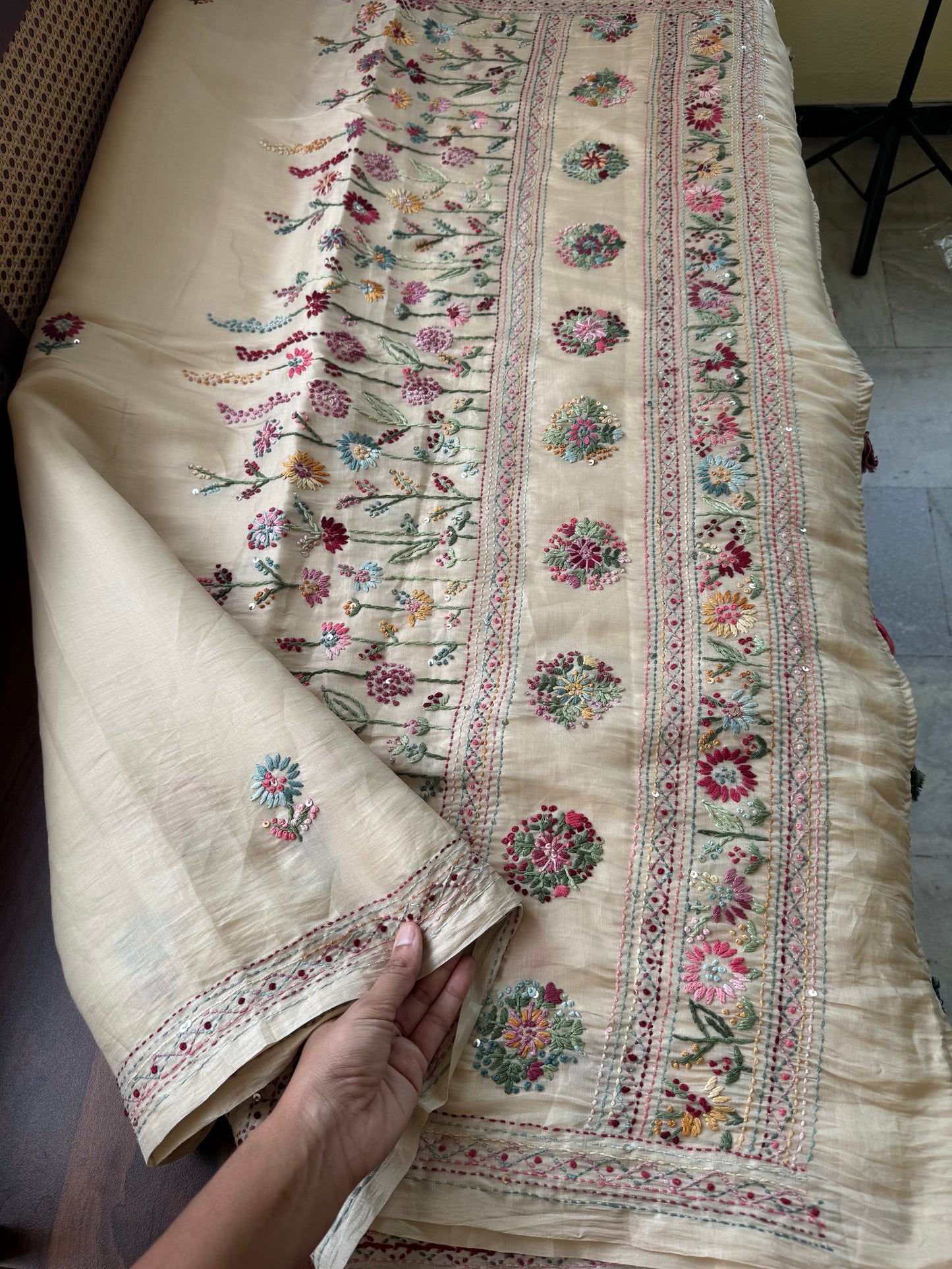 Hand Embroidered Tissue Organza Saree - Beige
