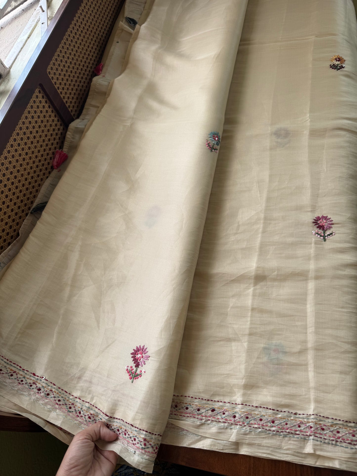 Hand Embroidered Tissue Organza Saree - Beige