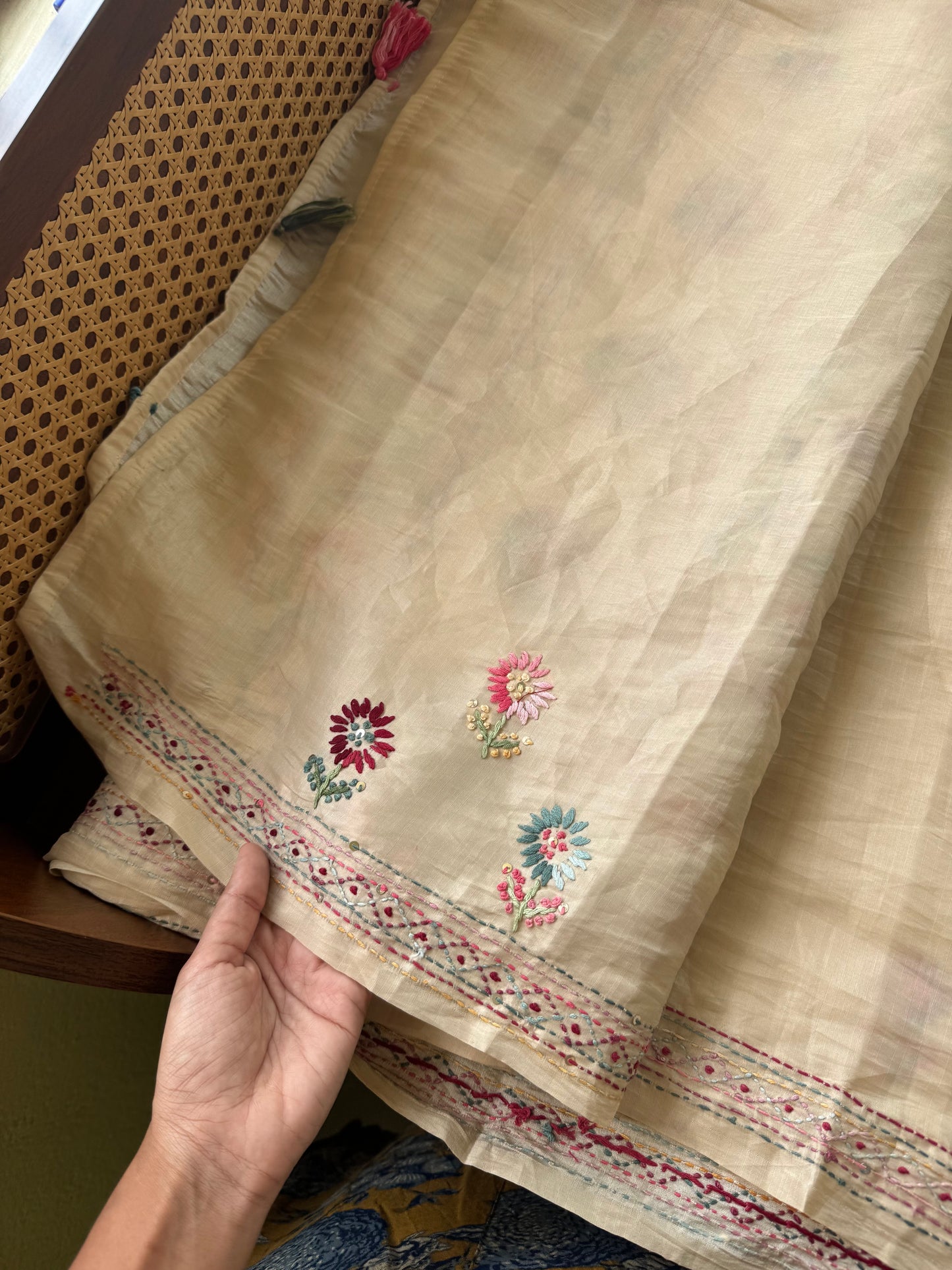 Hand Embroidered Tissue Organza Saree - Beige