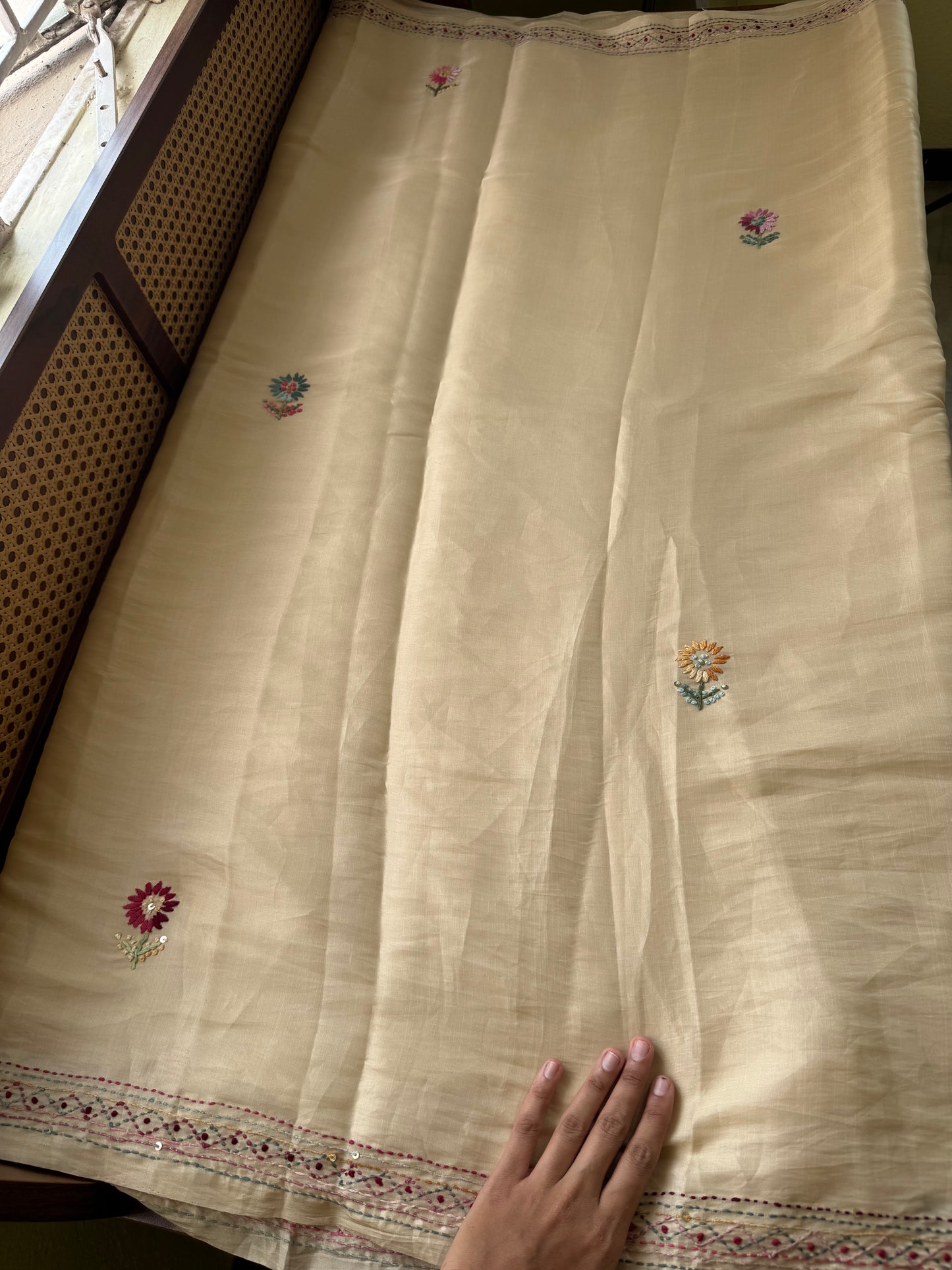 Hand Embroidered Tissue Organza Saree - Beige
