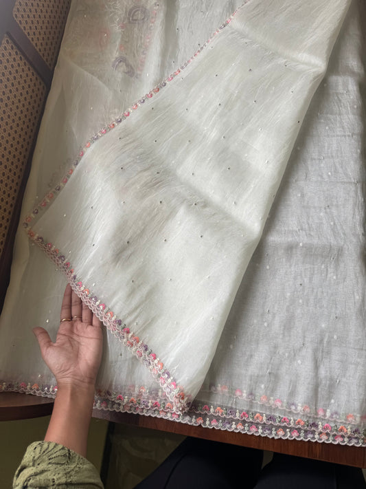 Embroidered Tissue Organza Saree - White