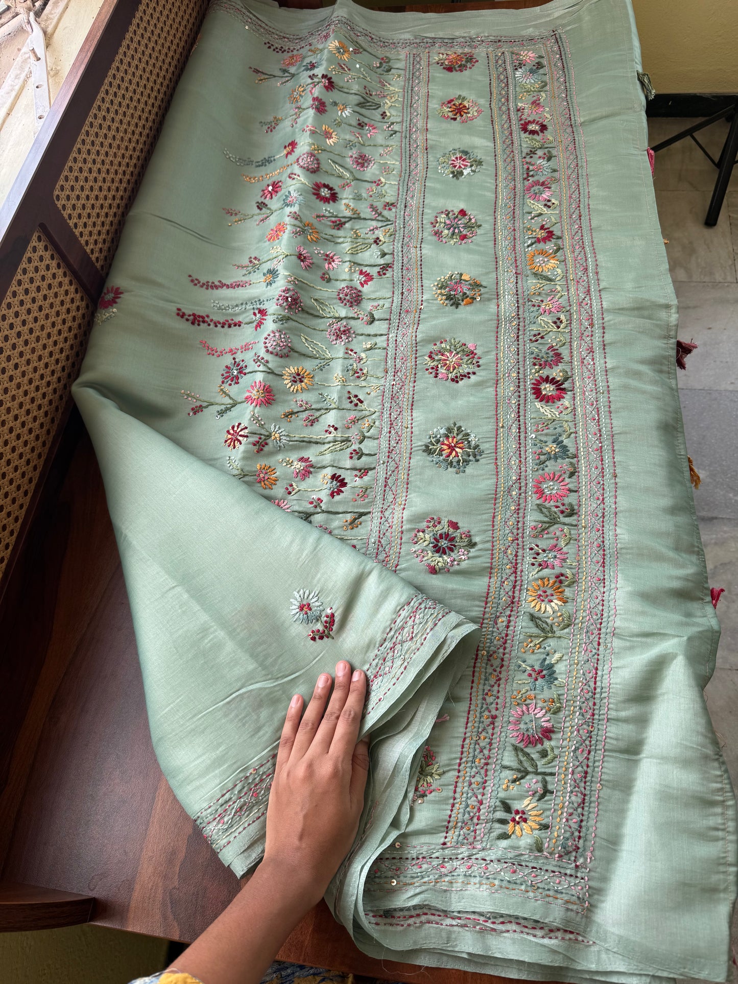 Hand Embroidered Tissue Organza Saree - Sea Green