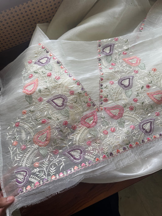 Embroidered Tissue Organza Saree - White
