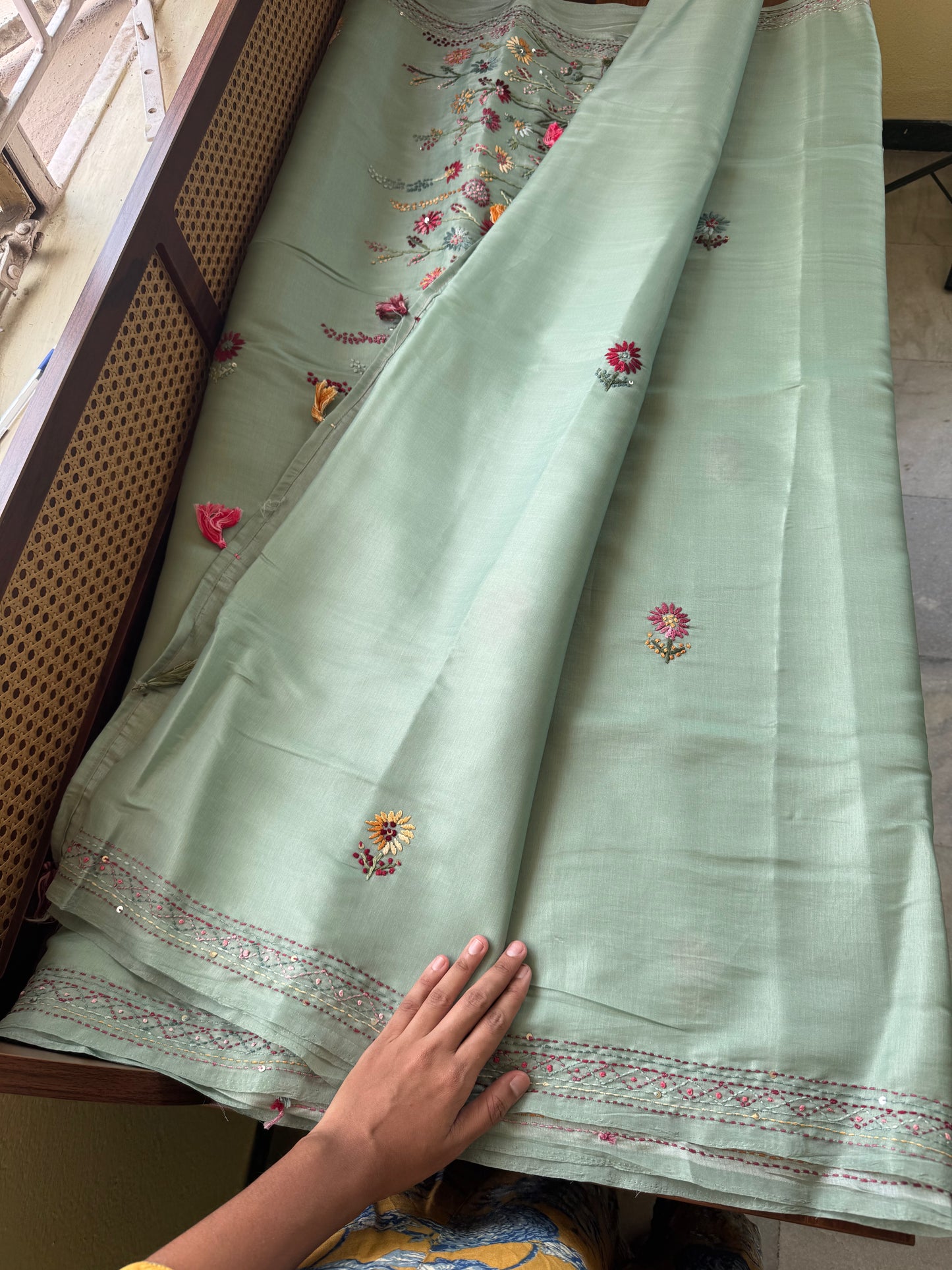 Hand Embroidered Tissue Organza Saree - Sea Green