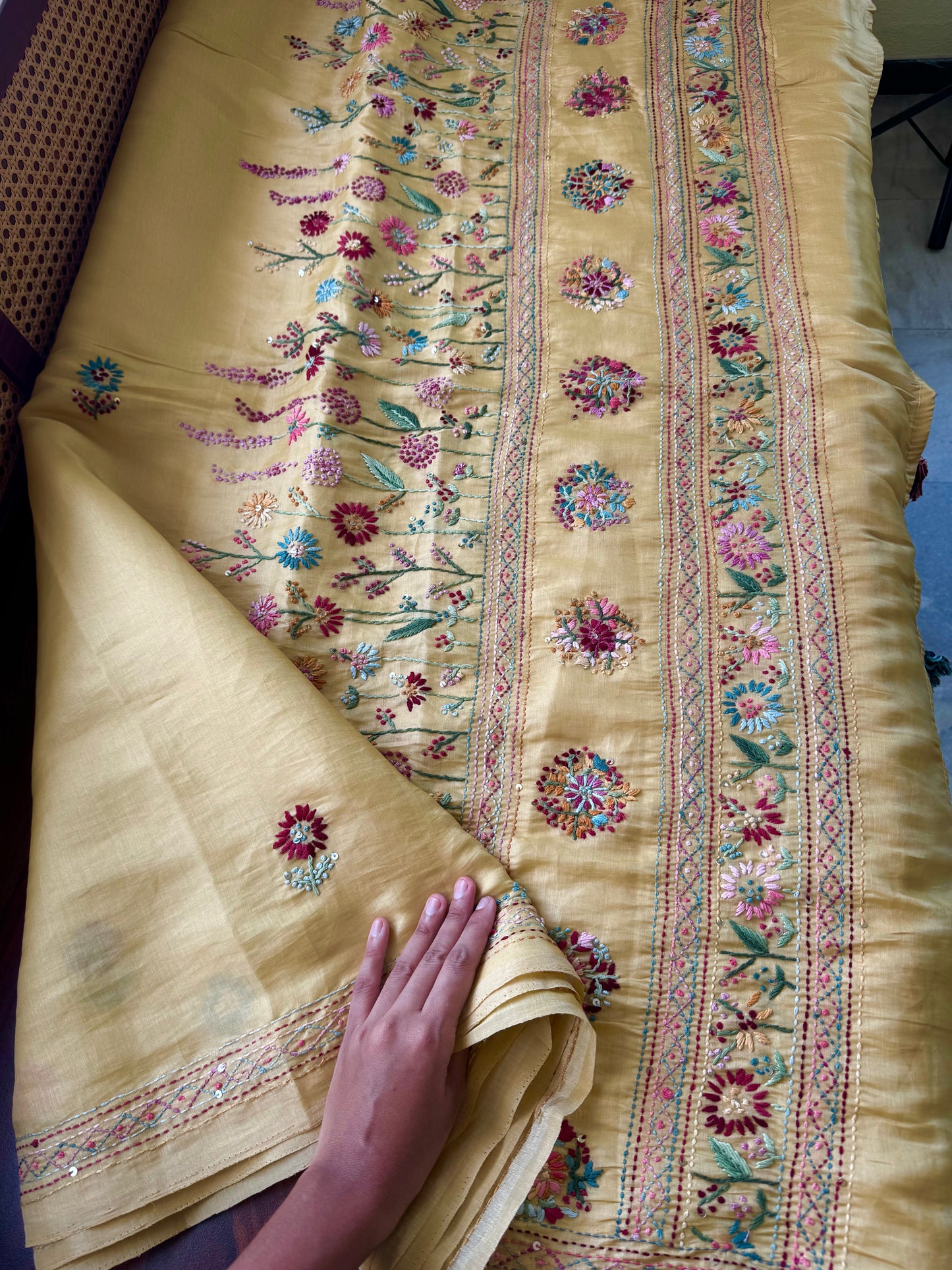 Hand Embroidered Tissue Organza Saree - Yellow