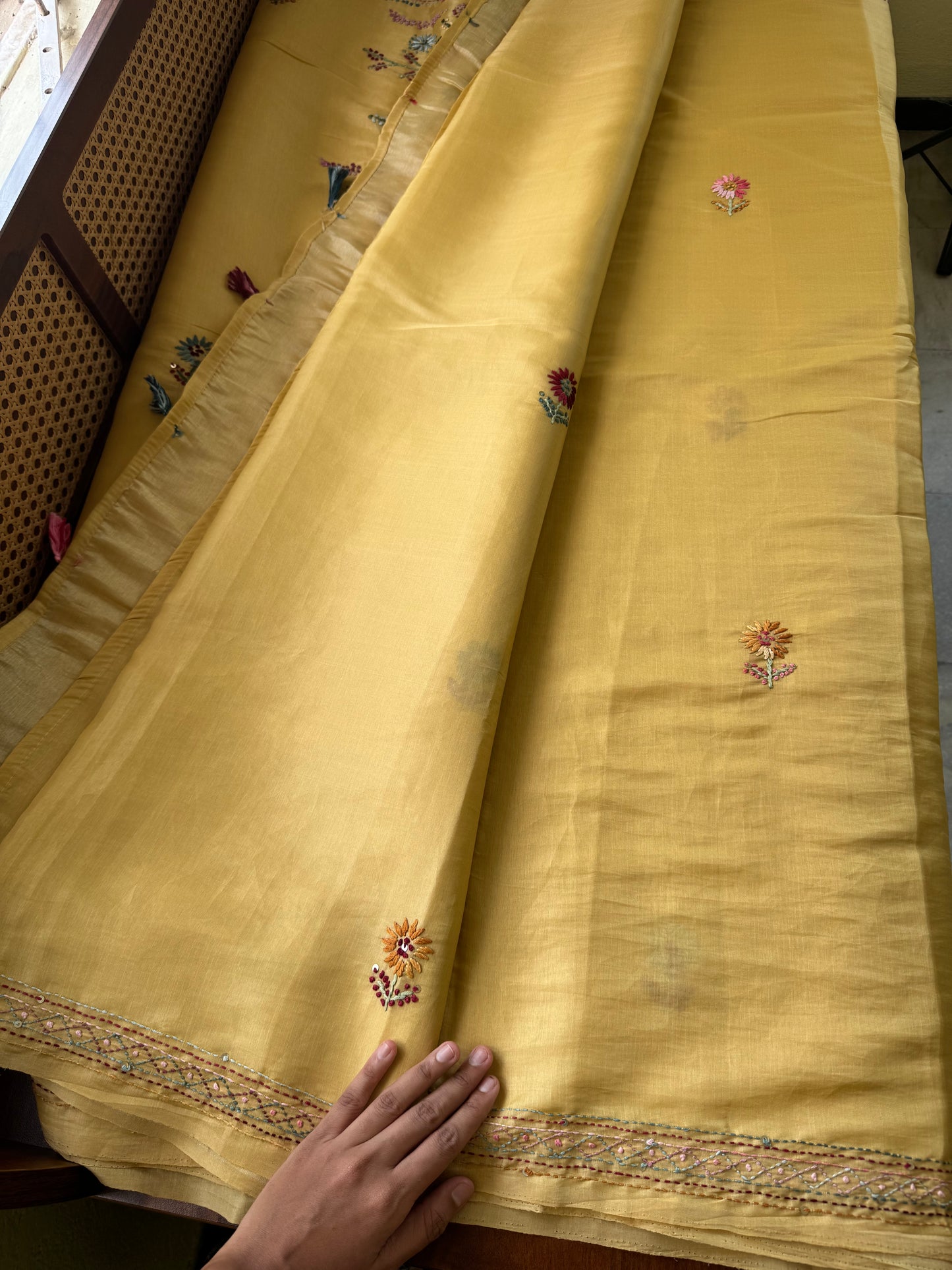 Hand Embroidered Tissue Organza Saree - Yellow