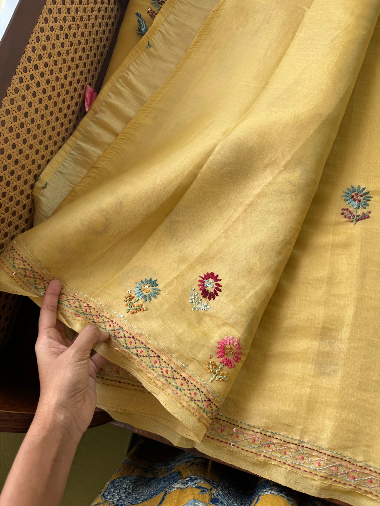 Hand Embroidered Tissue Organza Saree - Yellow
